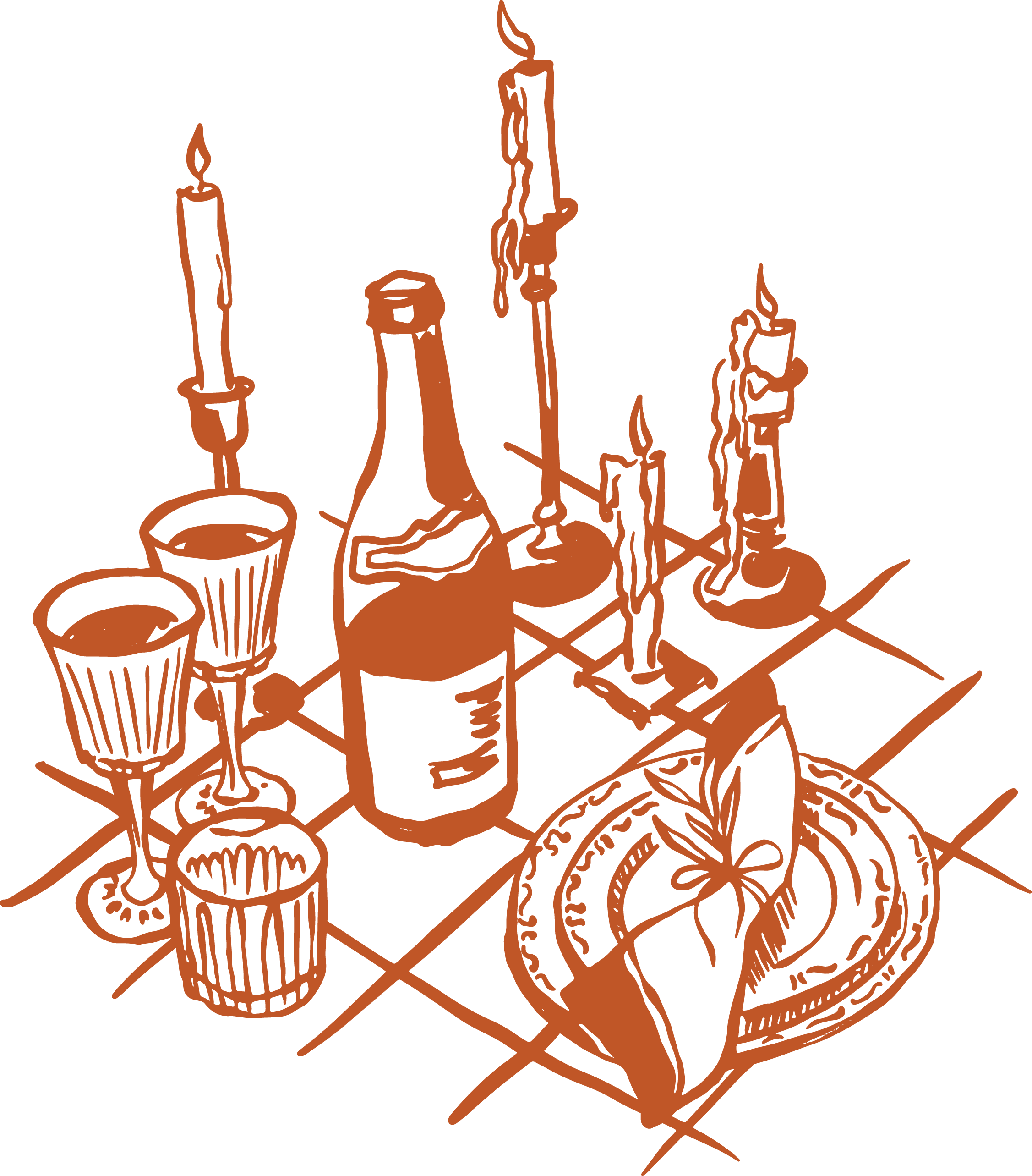 Line drawing of a wine bottle, glass, plate with bread, and five candlesticks with lit candles on a checkered table.