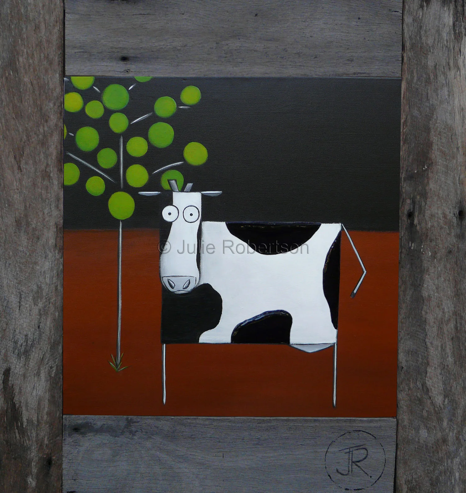Cow at Night - acrylic and resin on canvas framed in recycled fence palings 79cm x 81cm