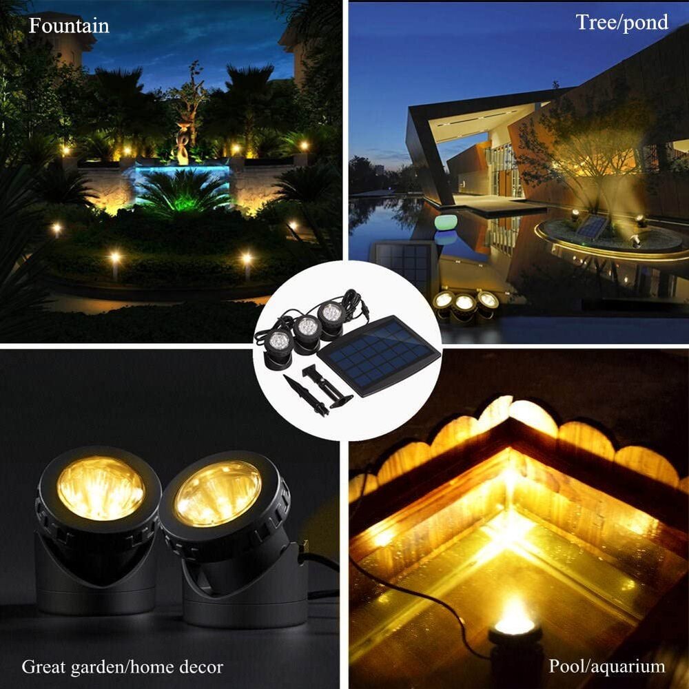 Warm White Solar Pond Spotlights,Submersible Pond Lights with 3 Lamps 18 LEDs Landscape Spotlight Underwater Lights IP68 Waterproof solar Lights for Pond,Garden,Landscape,Fountain,Outdoor,Lawn