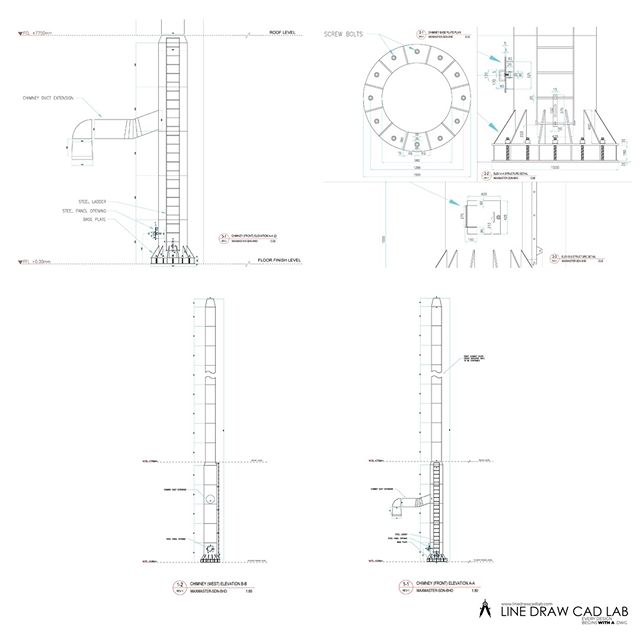 A manufacture standard layouts of a chimney structure and components with full overview elevations.

#linedrawcadlab #linedraw #manufacturing #engineering #standard #layout #chimney #plan #planview #elevations #2dconcept #2D