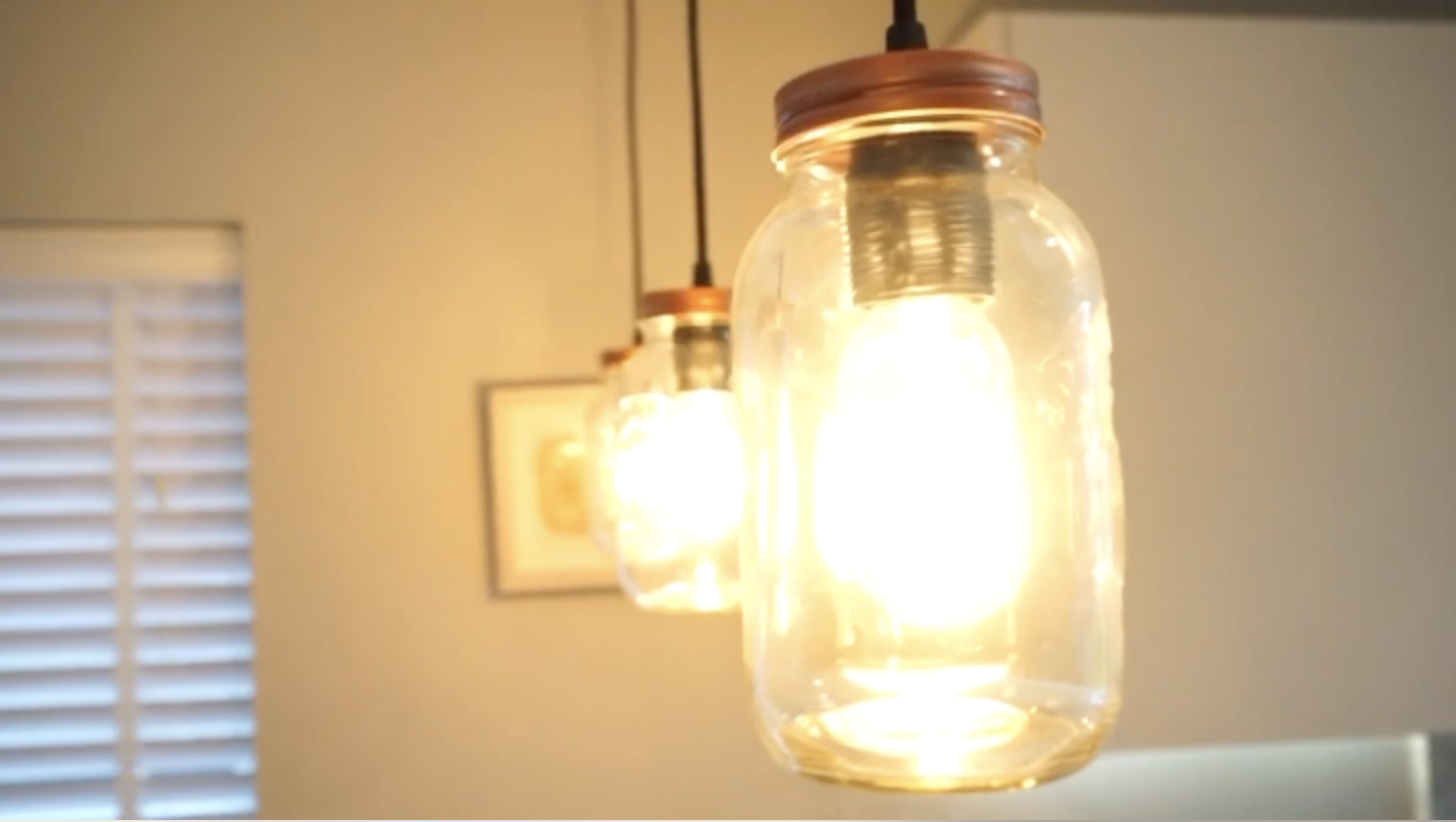 I made these island pendant lights out of kitchen jars for almost no money…