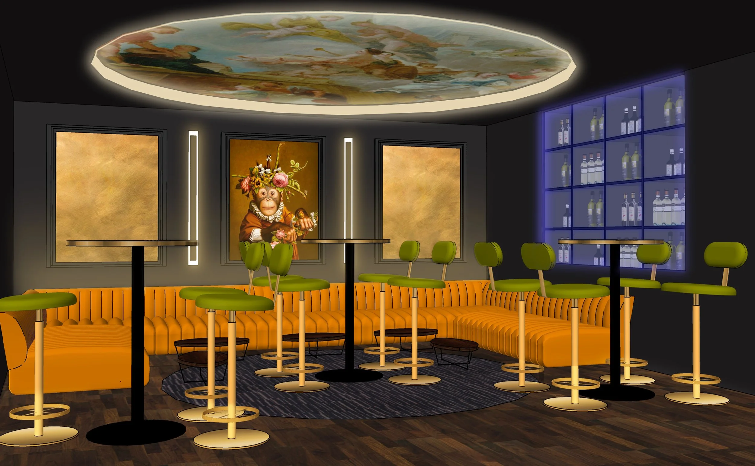 We were approached to design the bar and vip area of a nightclub and came up with an idea to call this the monkey club so the ceiling chandelier was a given to finish off the concept! 