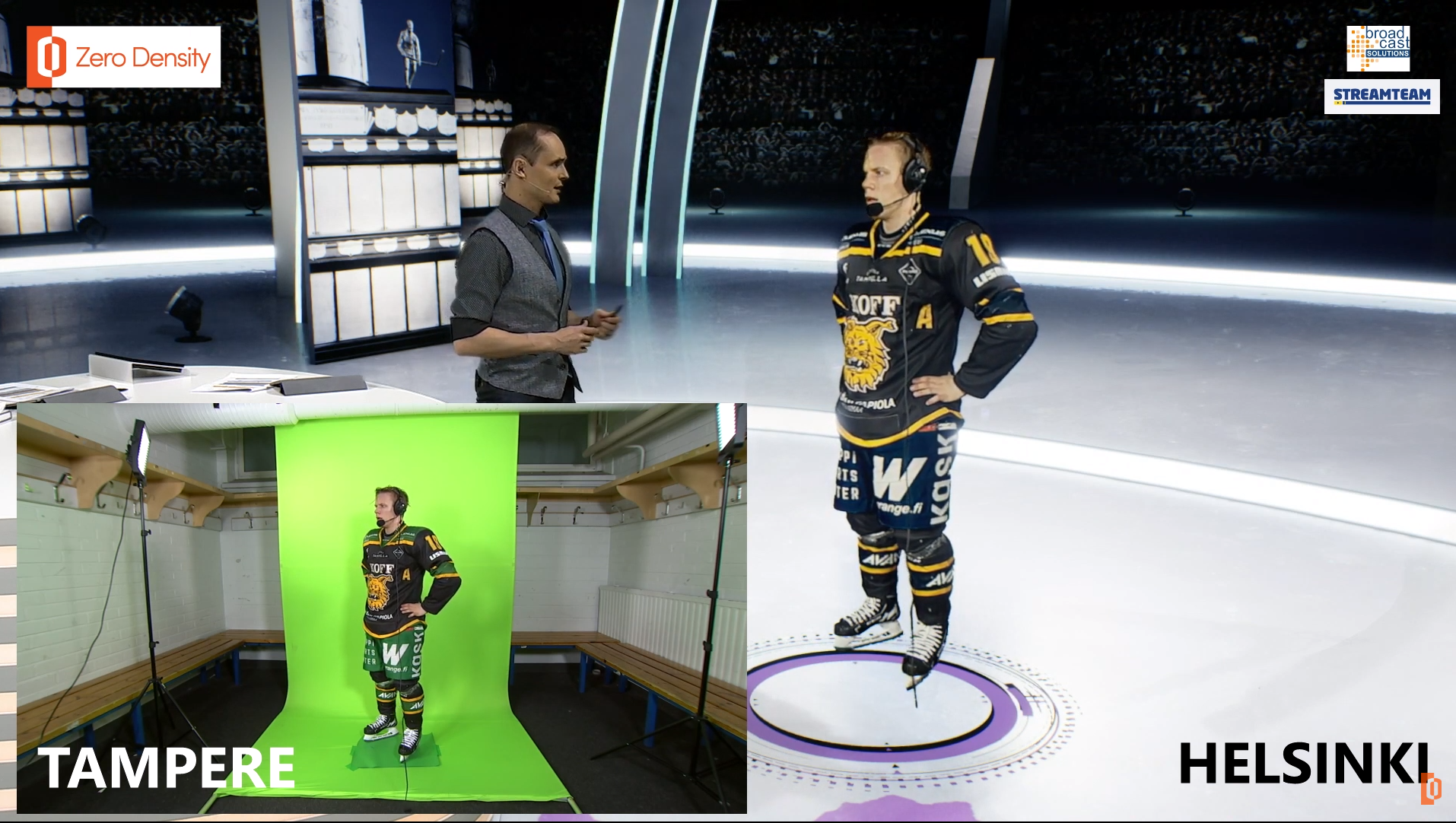 Vips så har Ilves assisterande lagkapten Teemu Raitiainen teleporterats till den virtuella studion.