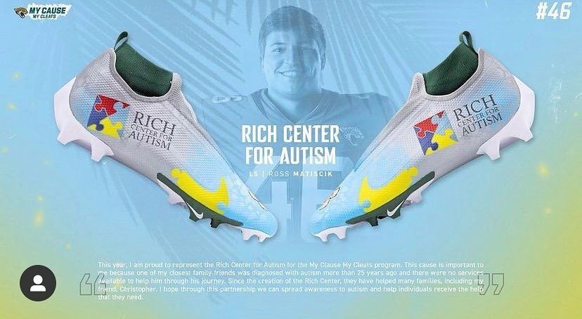 Thank you @ross_matiscik of the Jacksonville Jaguars for supporting @itschrism001 and @richcenterforautism for the NFL&rsquo;s #mycausemycleats you are the best! #thankyou #appreciation #autismawareness #nfl