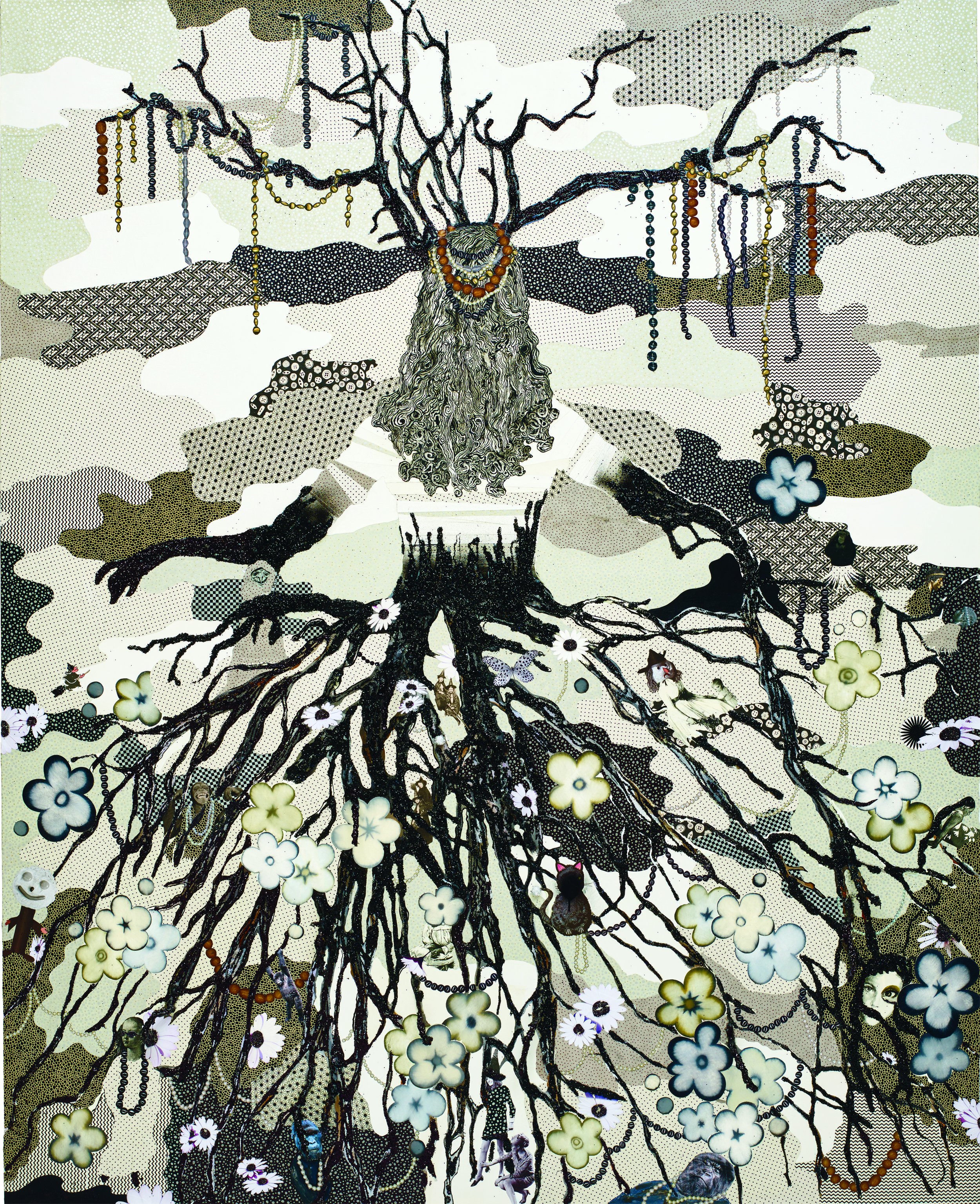 Sorcières et Singeries, 2015, Mixed media on canvas, 210x170 cm The paintings in this series (all works mixed media on canvas) operate as imaginary worlds, levitating landscapes in a dream-like dimension. Metaphorical microcosms, they enc