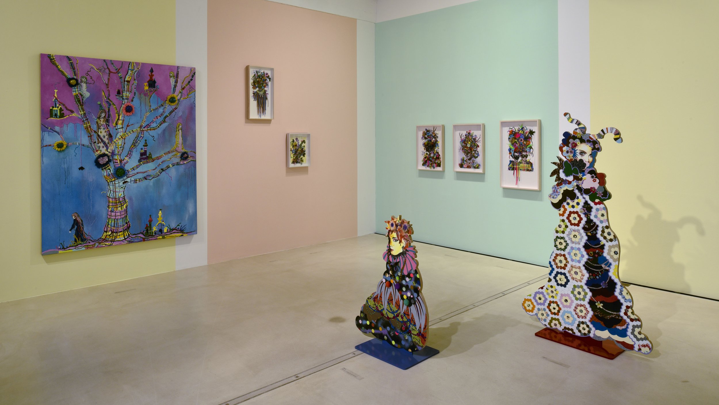  Installation view, "The Garden of Follies", Kunstmuseum Magdeburg 2016. ARTIST TEXT: "In these series of semi-sculptural works I present an ensemble of free-standing, plywood silhouettes attired in undulating, baroque robes made of coll