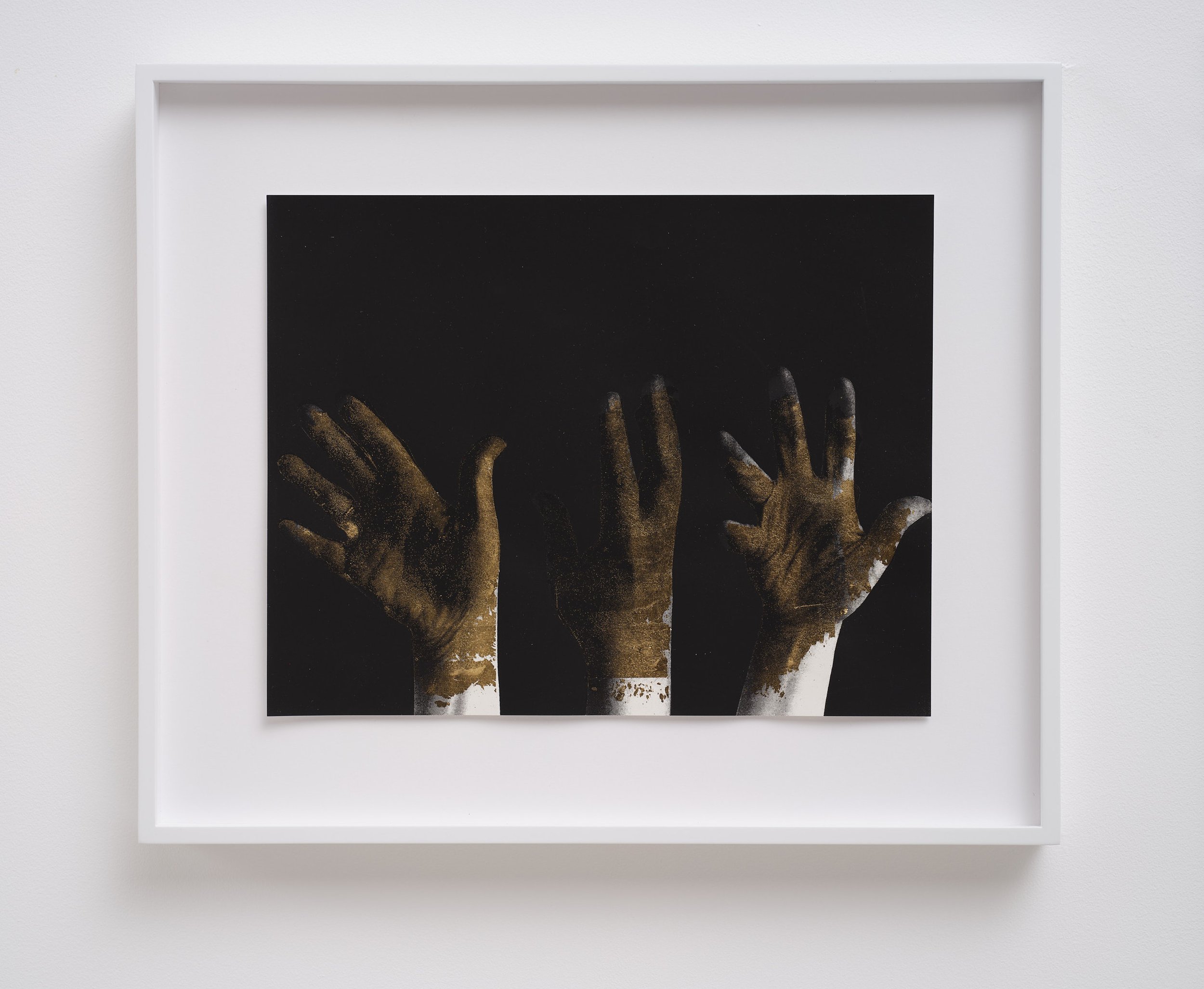 Midas Hands, 2022, silkscreen and gold leaf on arches vellin paper, framed, 40 x 47 cm