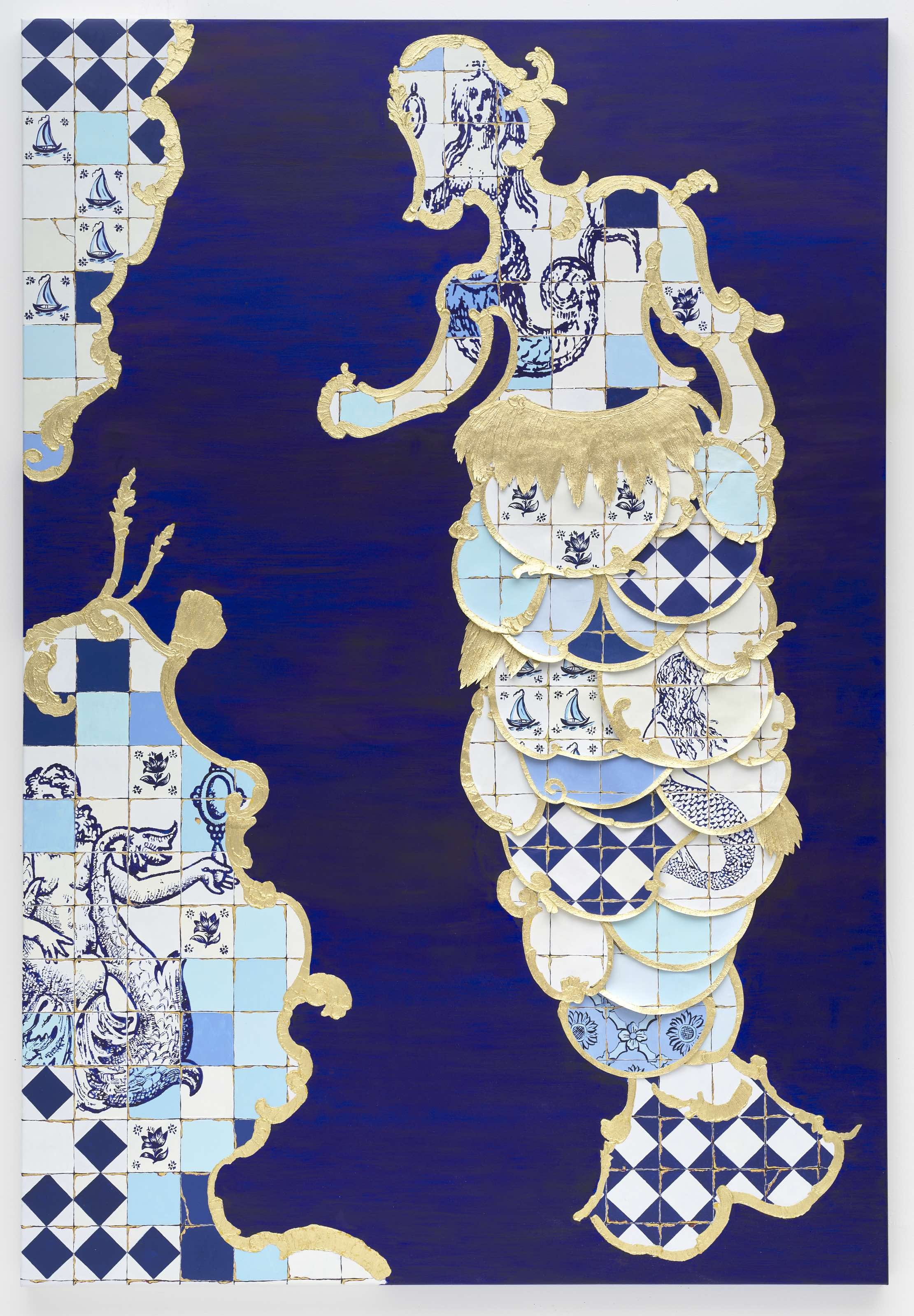 Melusina, 2026, mixed media, gold leaf, linen collage on linen, 190 x130cm.