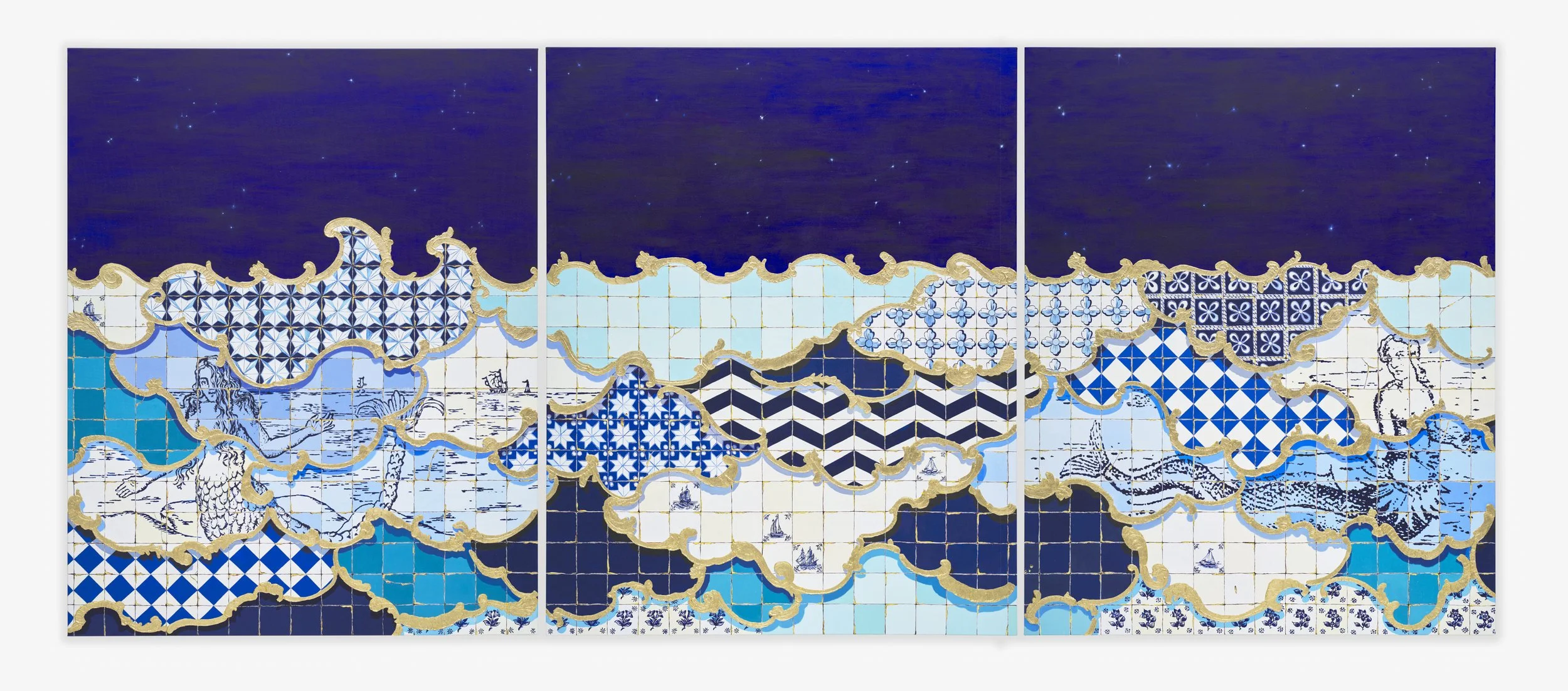   Odisea , 2026, oil, mixed media and gold leaf on canvas, triptych, each section 152 x122cm. 