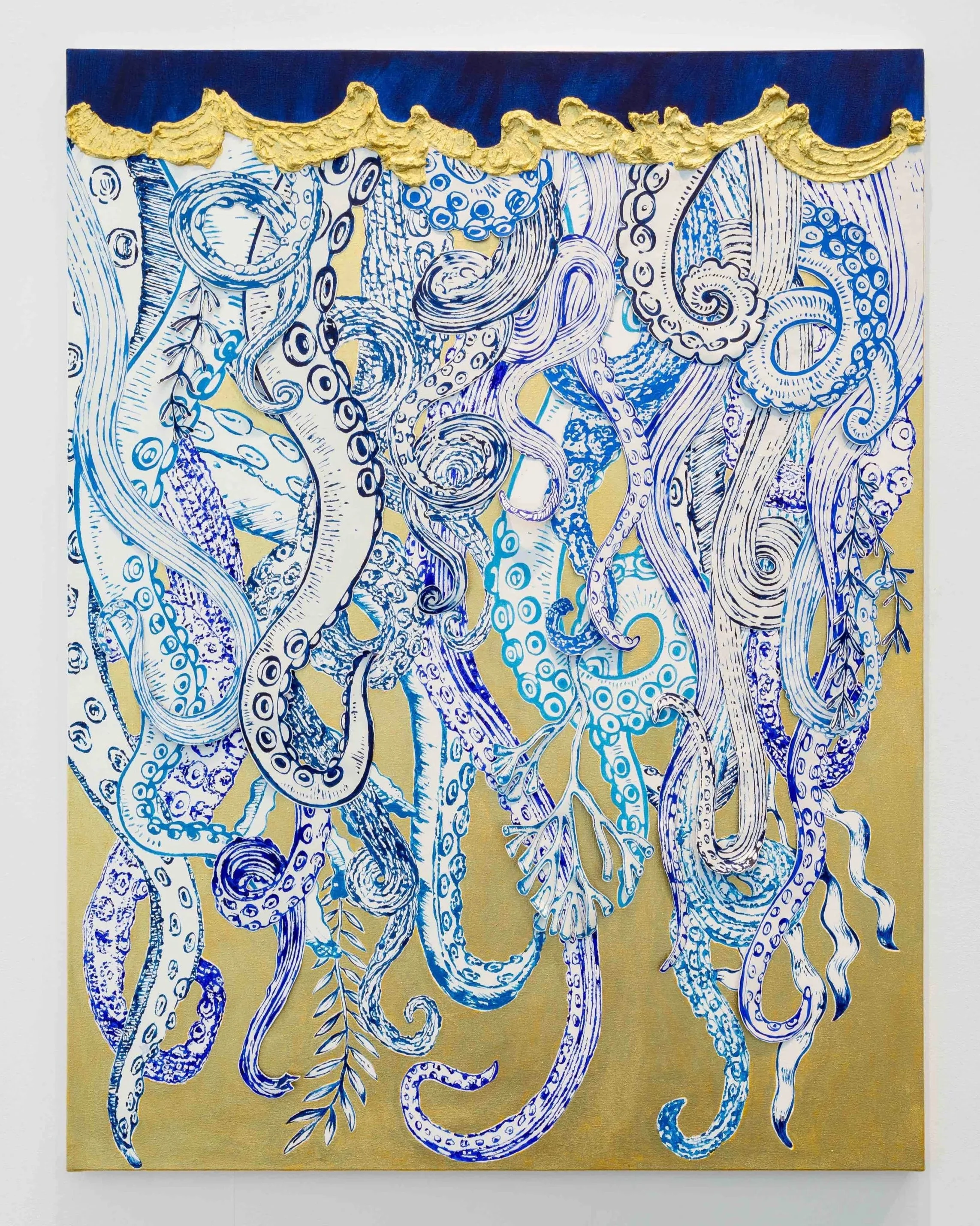   Medusa II , 2021, mixed media and linen découpage collage on canvas, 116 x 89 cm. 