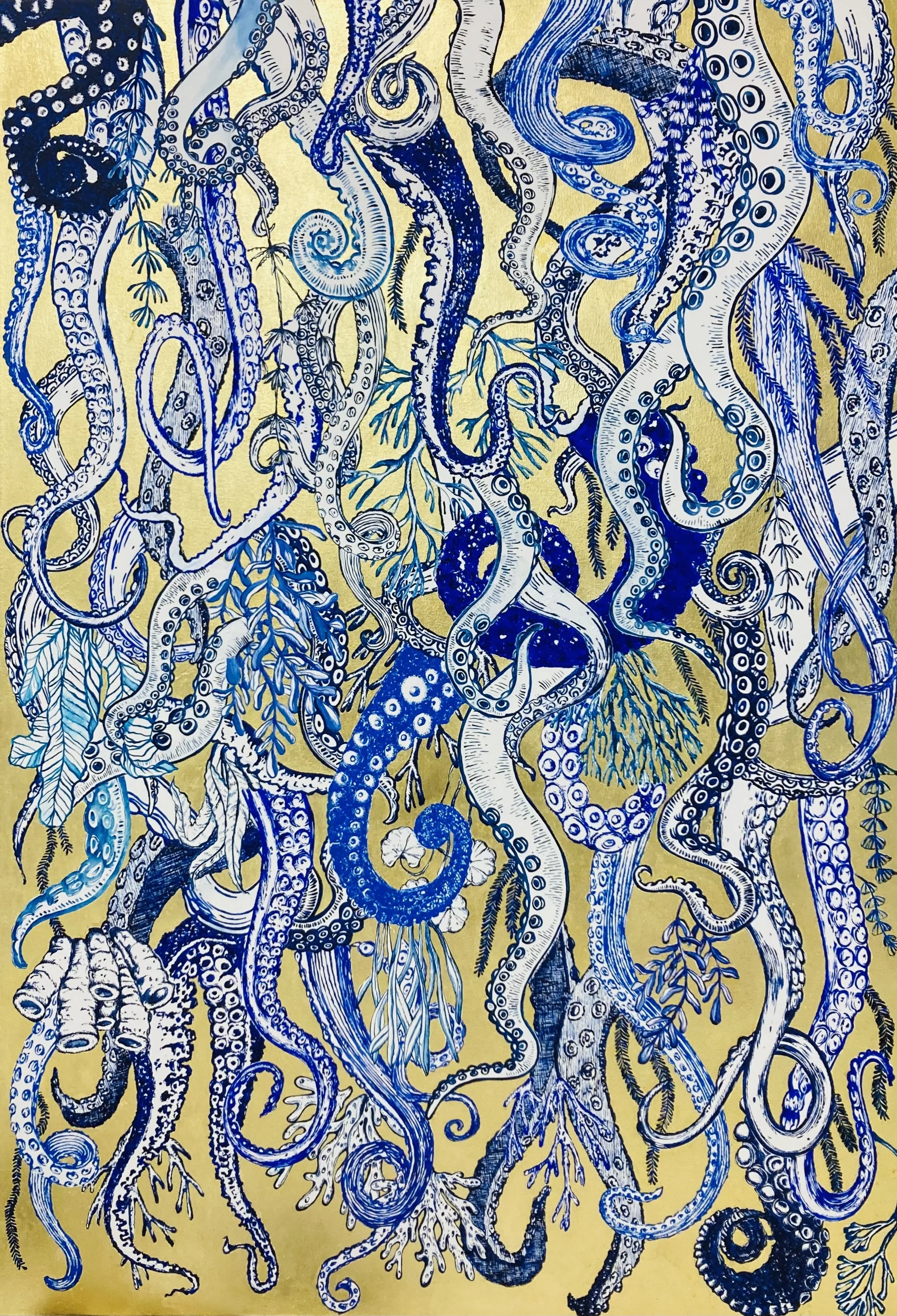   Cascada , 2026, mixed media and gold leaf on canvas, 190 × 130 cm    Marine  series:   This ensemble of paintings and sculptures explores the symbolic richness of water and of blue and white ceramic traditions, both interpreted as metaphors of iden