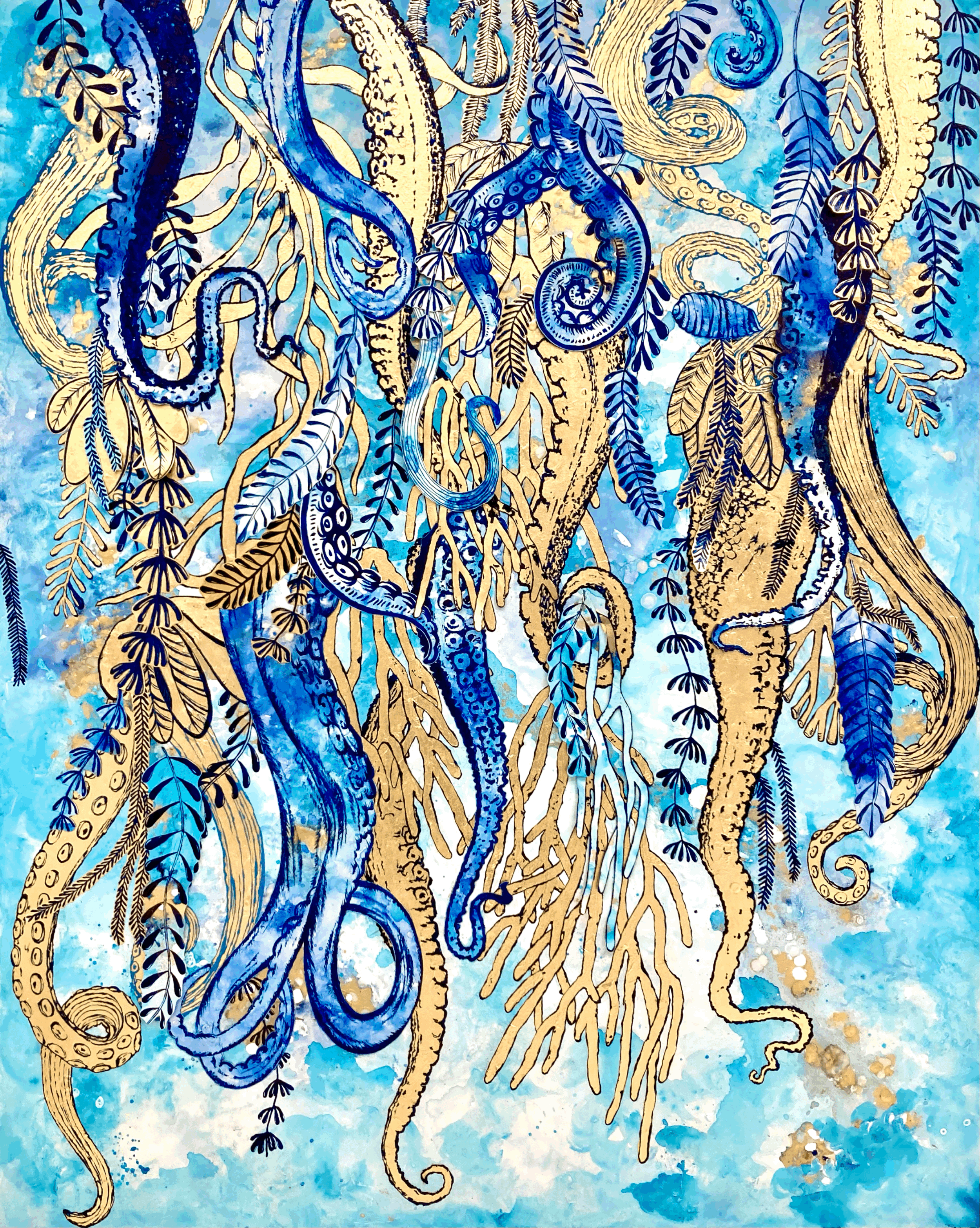   Azur , 2026, mixed media, linen découpage collage and gold leaf on canvas, 152 × 122 cm 