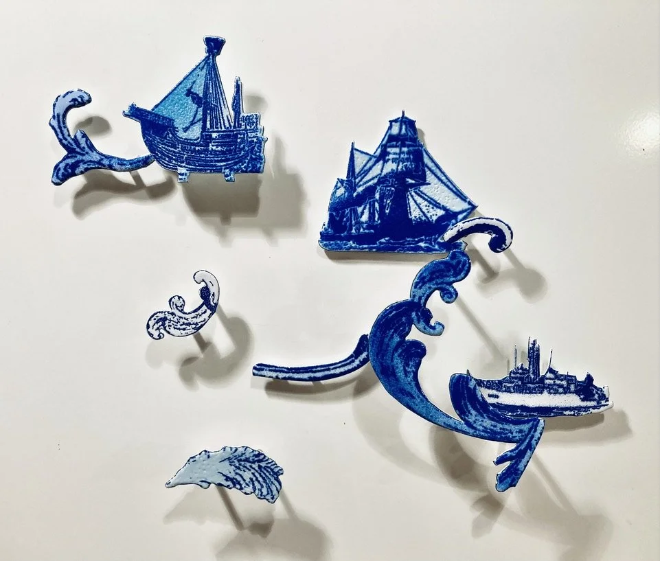   The Waves , 2024-26, enamel on steel ensemble, dimensions and positioning variable, (between 3 and 14 cm wide, approximately). This “composition 4” is one among several possible out of a total of 44 pieces. 