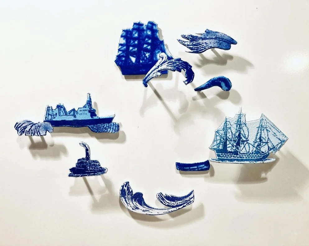   The Waves , 2024-26, enamel on steel ensemble, dimensions and positioning variable, (between 3 and 14 cm wide, approximately). This “composition 5” is one among several possible out of a total of 44 pieces. 