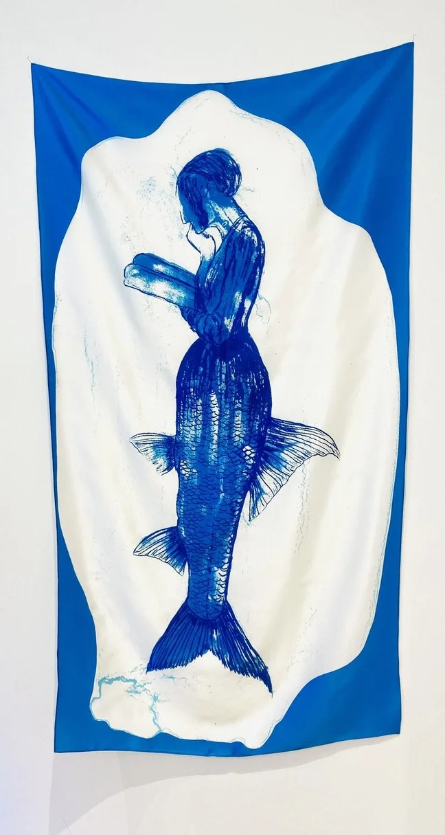   Sirène , 2025, Habotai silk 38 gsm,  108 × 60 cm., digital reproduction of silkscreen printed mermaid on white background. Limited edition in collaboration with ArtLab UCLAN-  Women in Prin t Programme 
