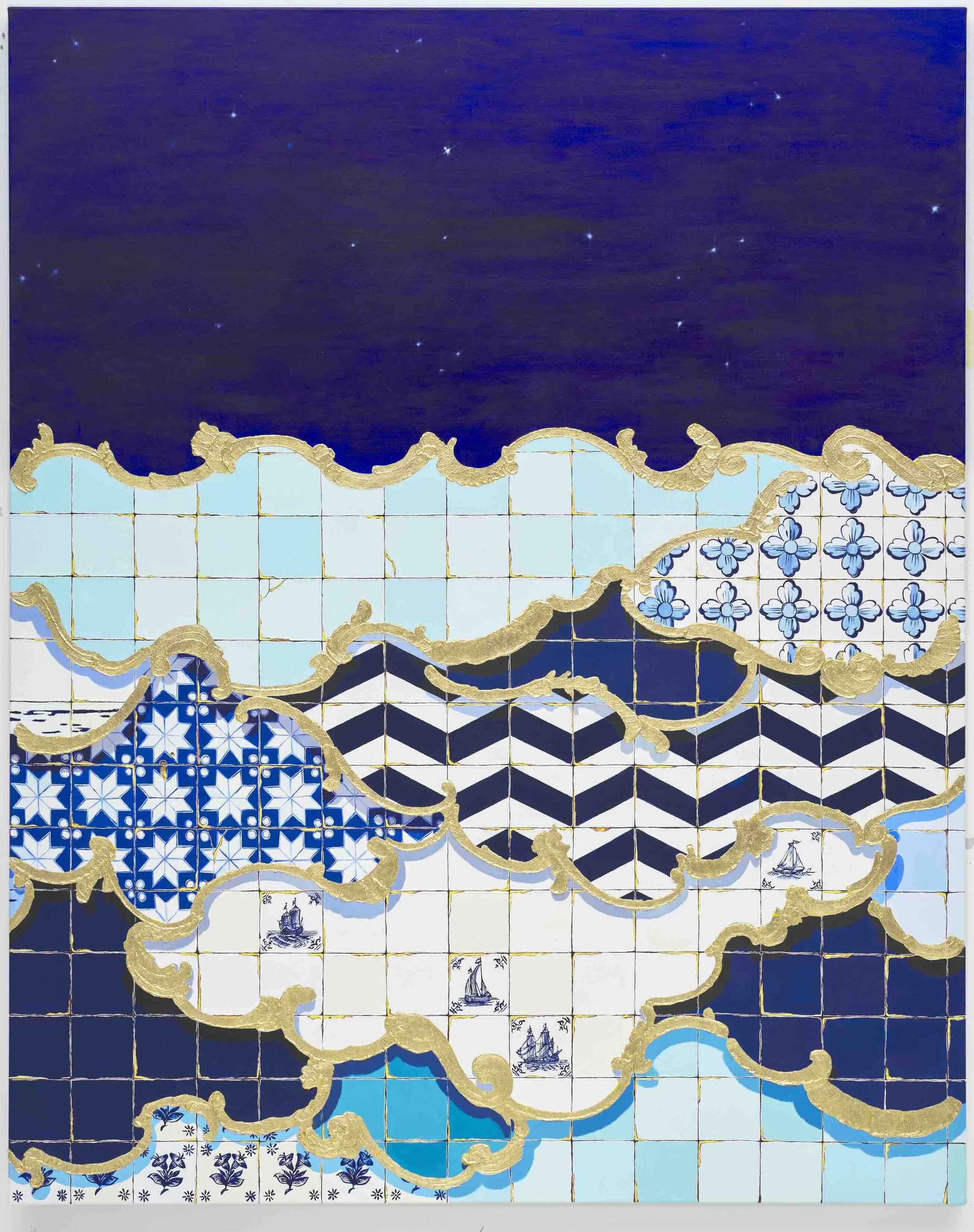   Odisea , 2026, central section of triptych, mixed media and gold leaf on canvas, 152 x 122 cm  