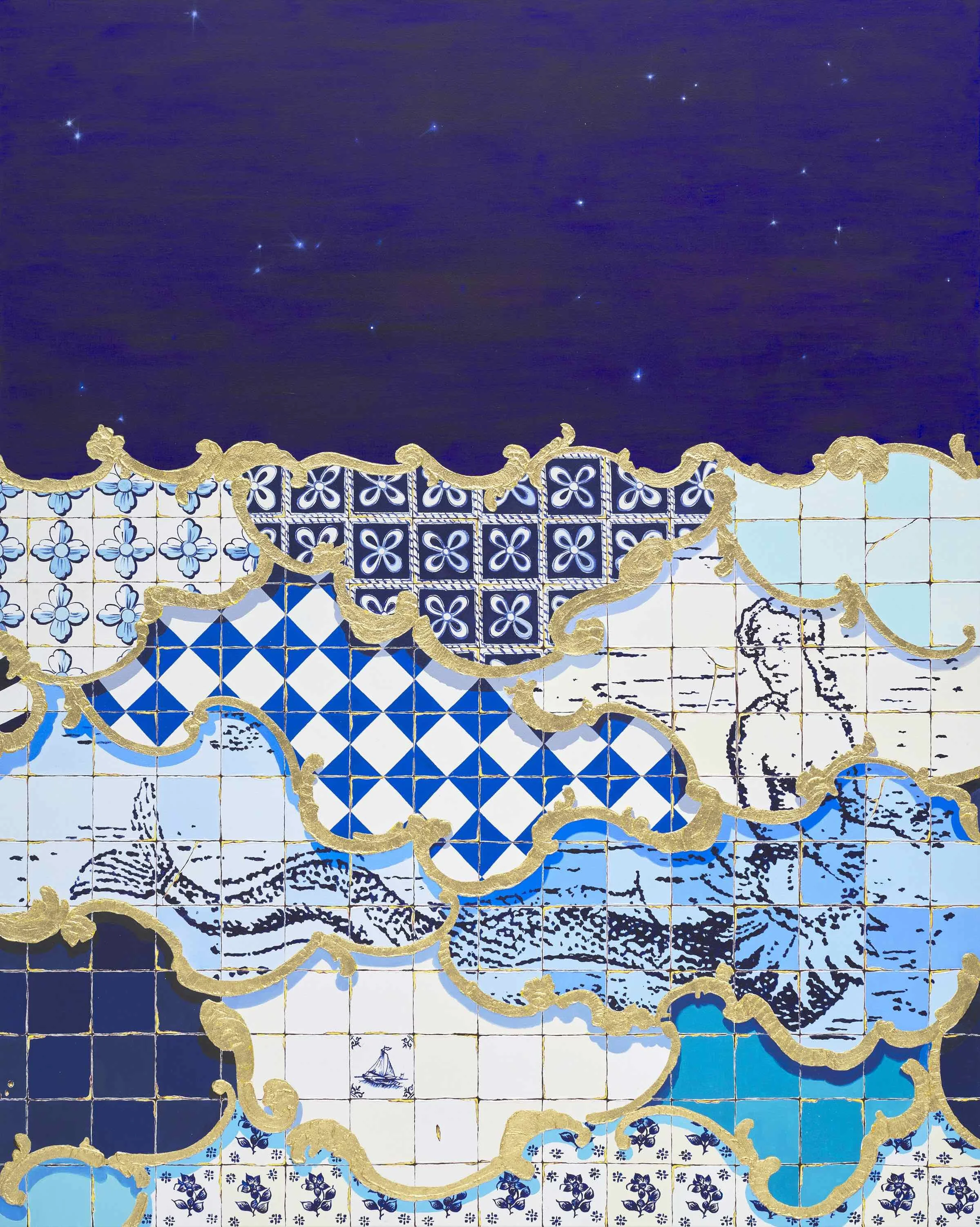   Odisea , 2026, right section of triptych, mixed media and gold leaf on canvas, 152 x 122 cm  