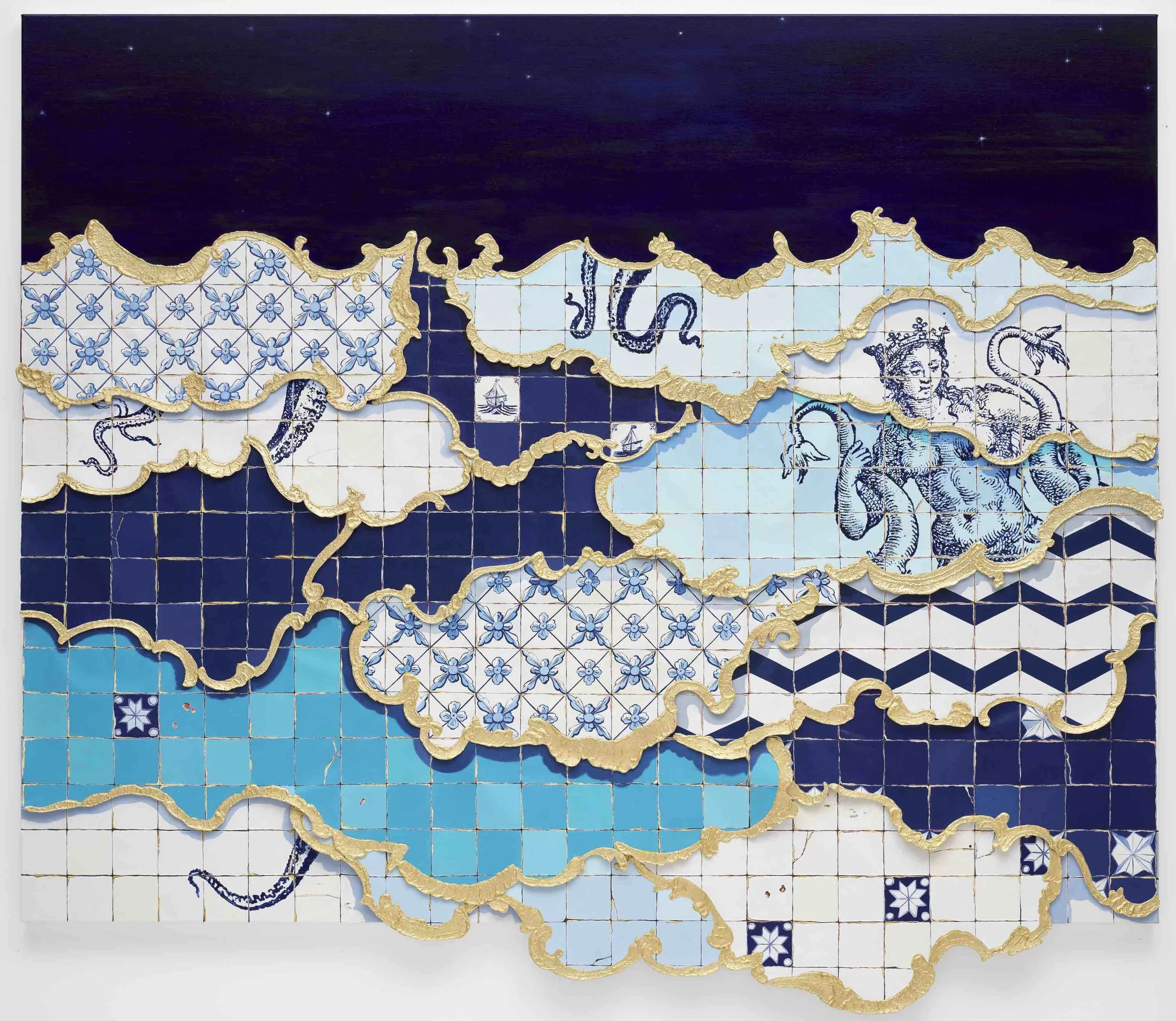   Marine II, 2024,  mixed media and gold leaf on linen 176 x 200 cm. UK Government Art Collection 