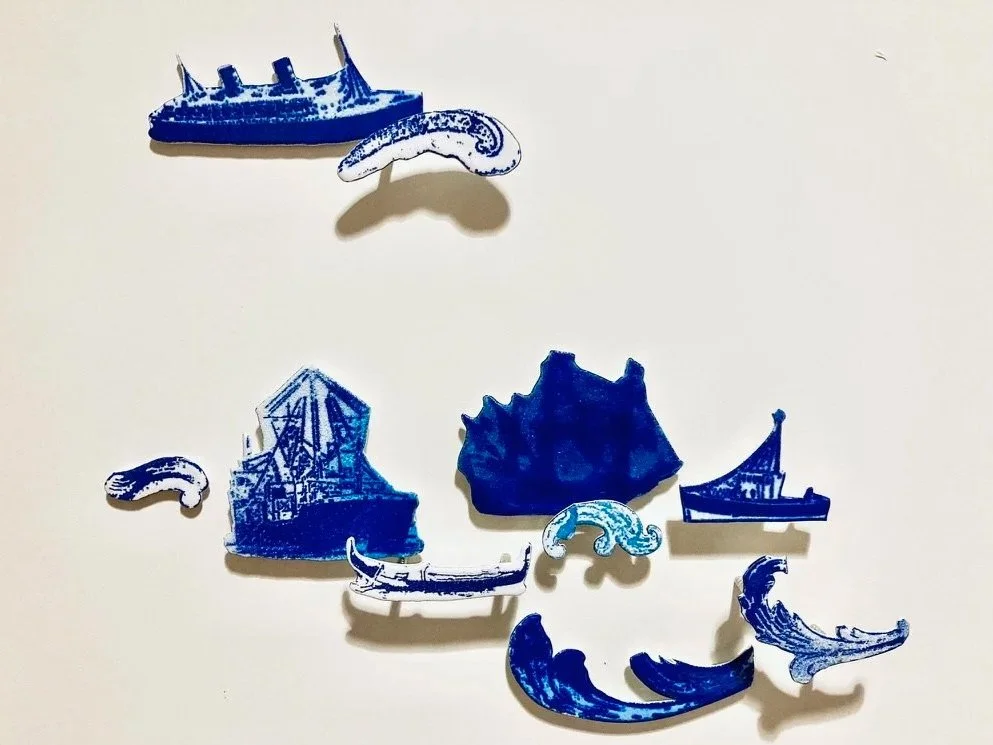   The Waves , 2024-26, enamel on steel ensemble, dimensions and positioning variable, (between 3 and 14 cm wide, approximately). This “composition 1” is one among several possible out of a total of 44 pieces. 