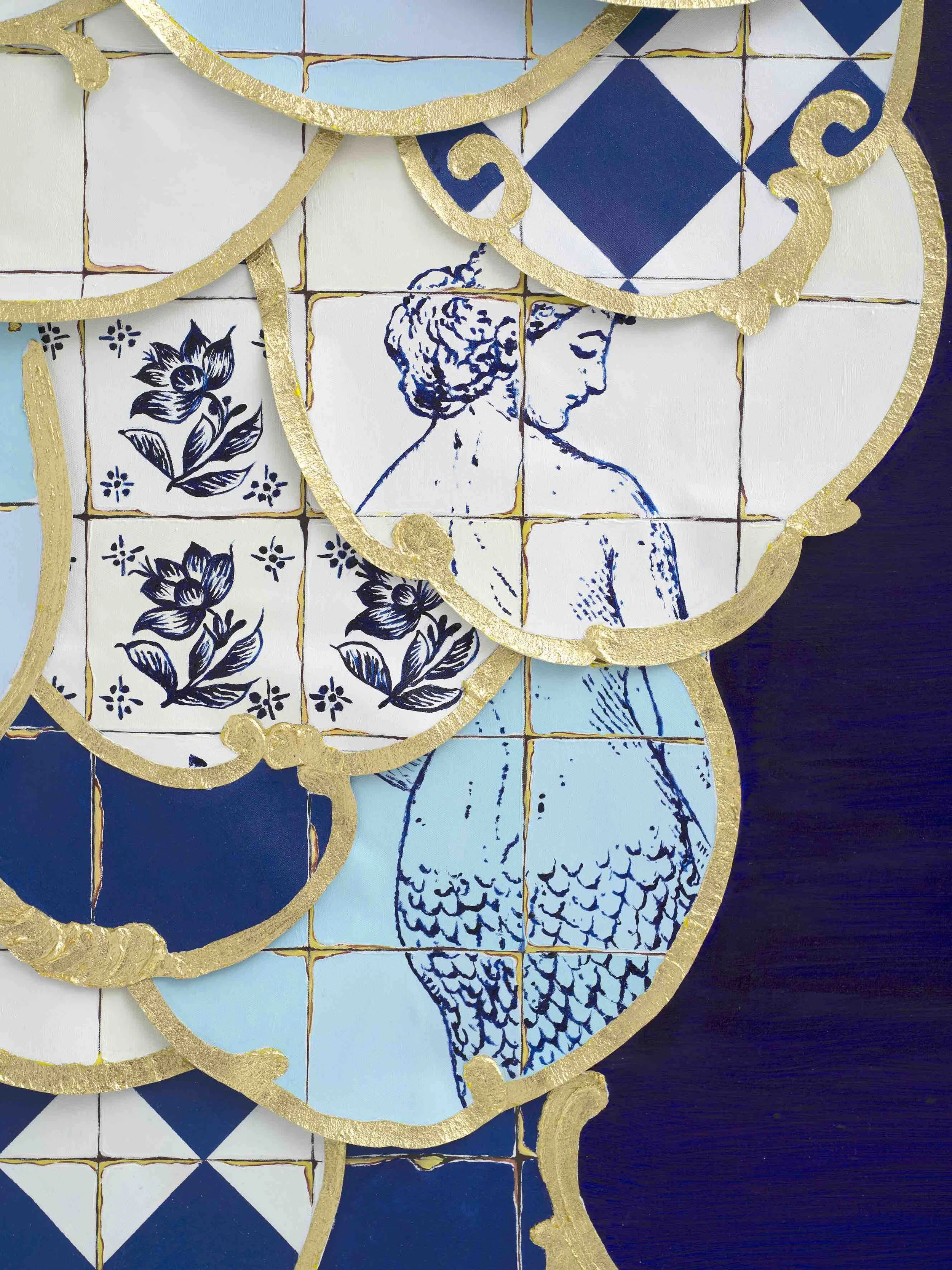   Coral , 2026, detail, mixed media with linen découpage collage and gold leaf on linen 