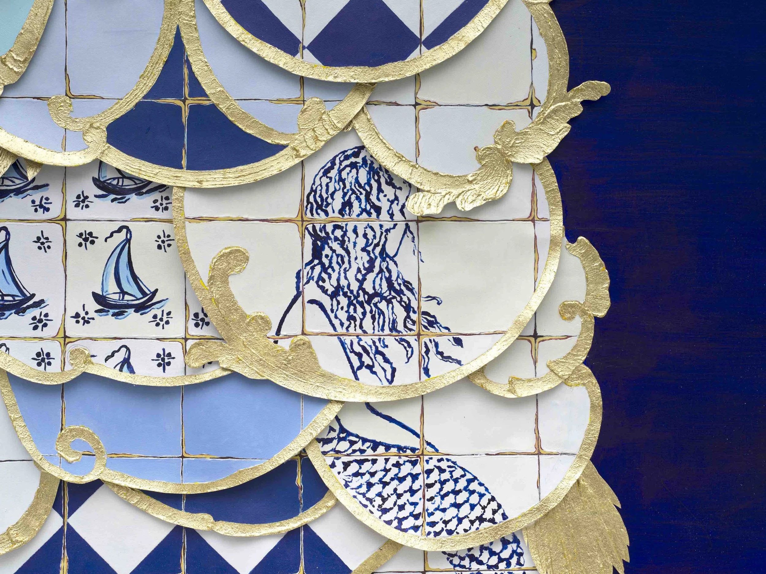   Melusina , detail, 2026, mixed media with linen découpage collage and gold leaf on linen  