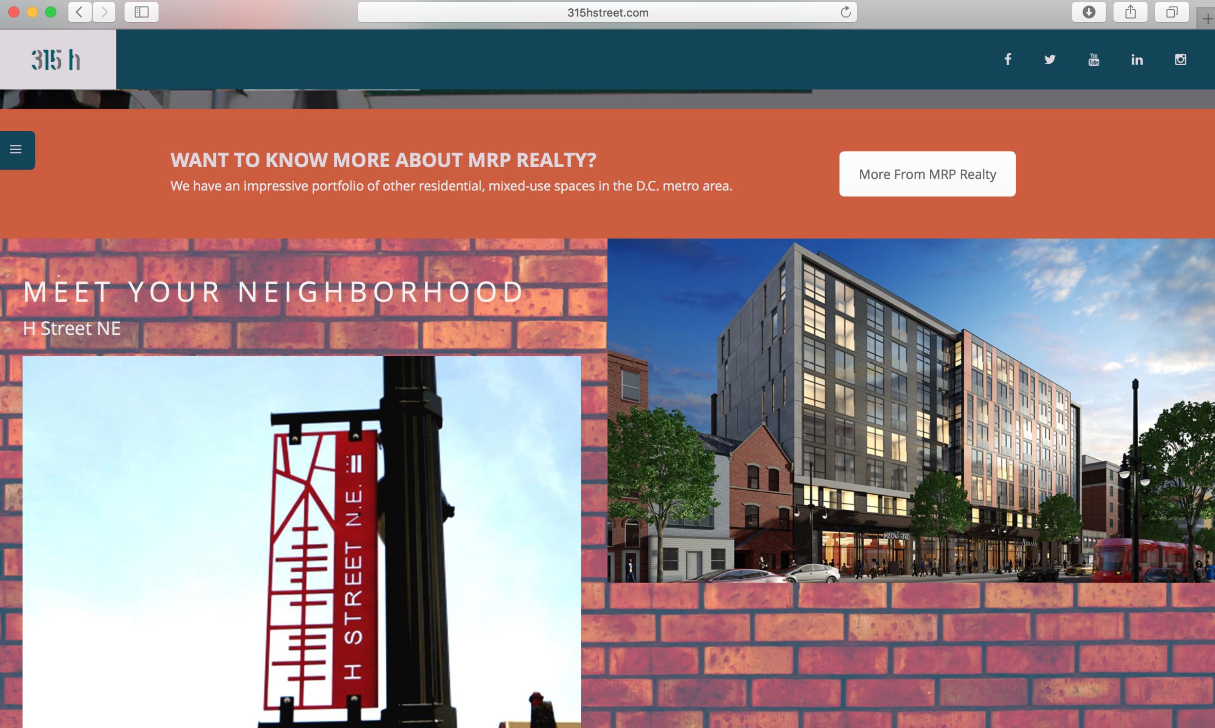 company call out link to the main realty property and textures to identify the space in an urban environment..
