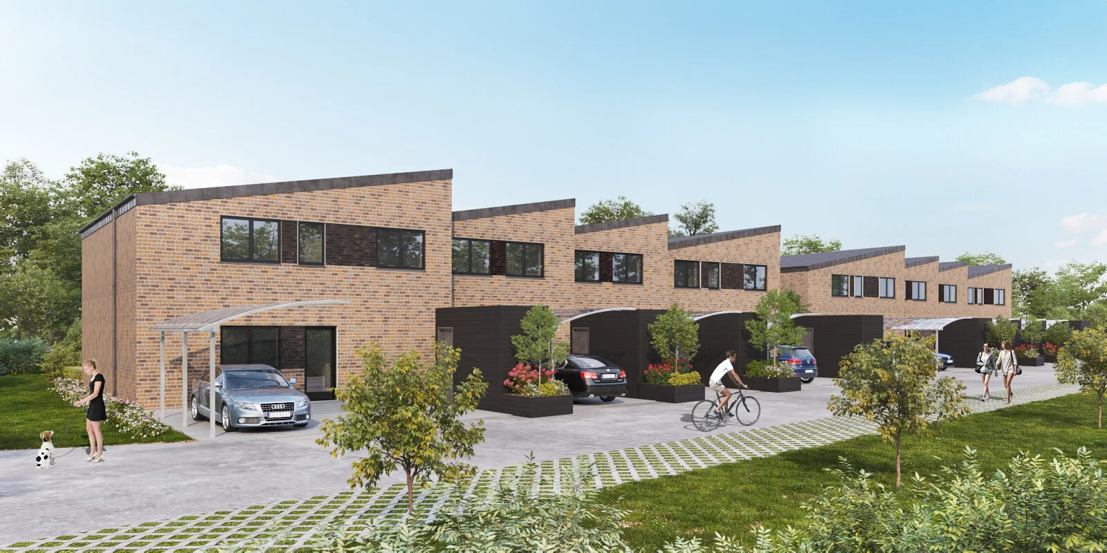 3D tegning af de 8 huse på Lindebakken.