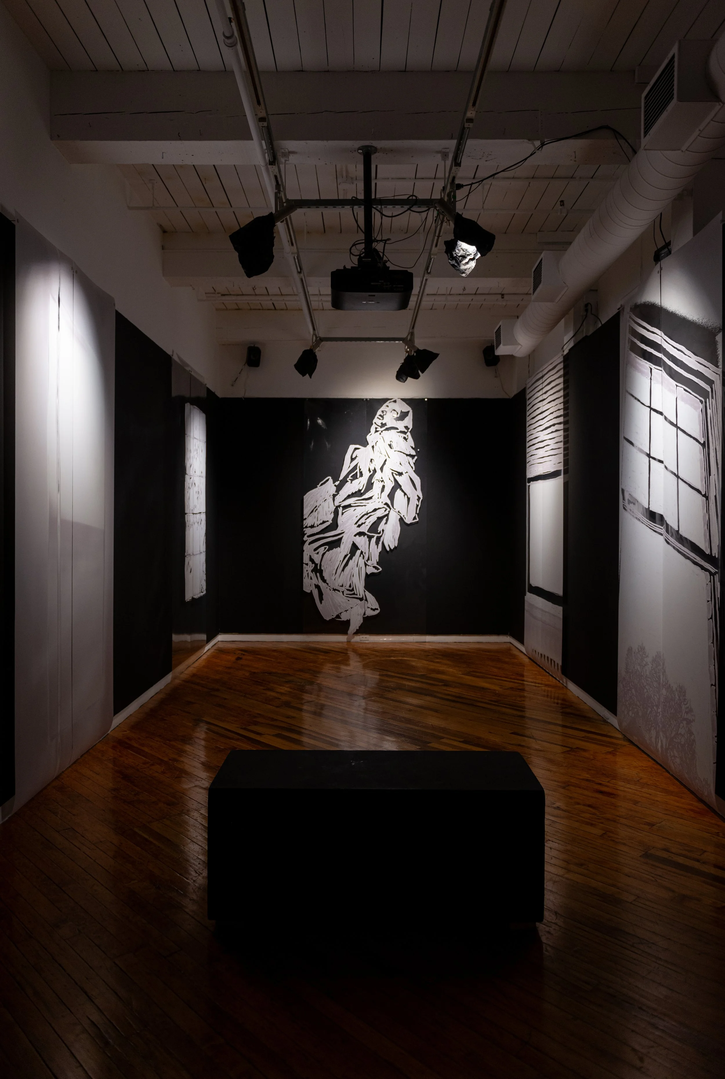   installation shot featuring five digital drawings printed on acetate - each drawing comprised of two panels measuring 10’ x 3’      