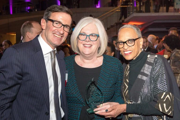 2017 Civic Spirit Award Honoree Patty Stonesifer of Martha’s Table (center) with Bruce McNamer (CEO, The Community Foundation) and Dr. Johnnetta B. Cole (Director, Smithsonian National Museum of African Art). 