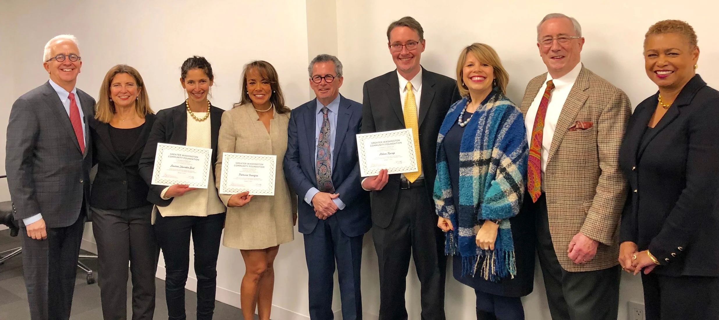 Our new awardees with members of the selection committee. From left to right: Alex Orfinger, Diane Tipton, Lauren Shweder Biel, Patricia Funegra, David Bradt, Adam Rocap, Lidia Soto-Harmon, Lyles Carr, and Tamara Copeland.