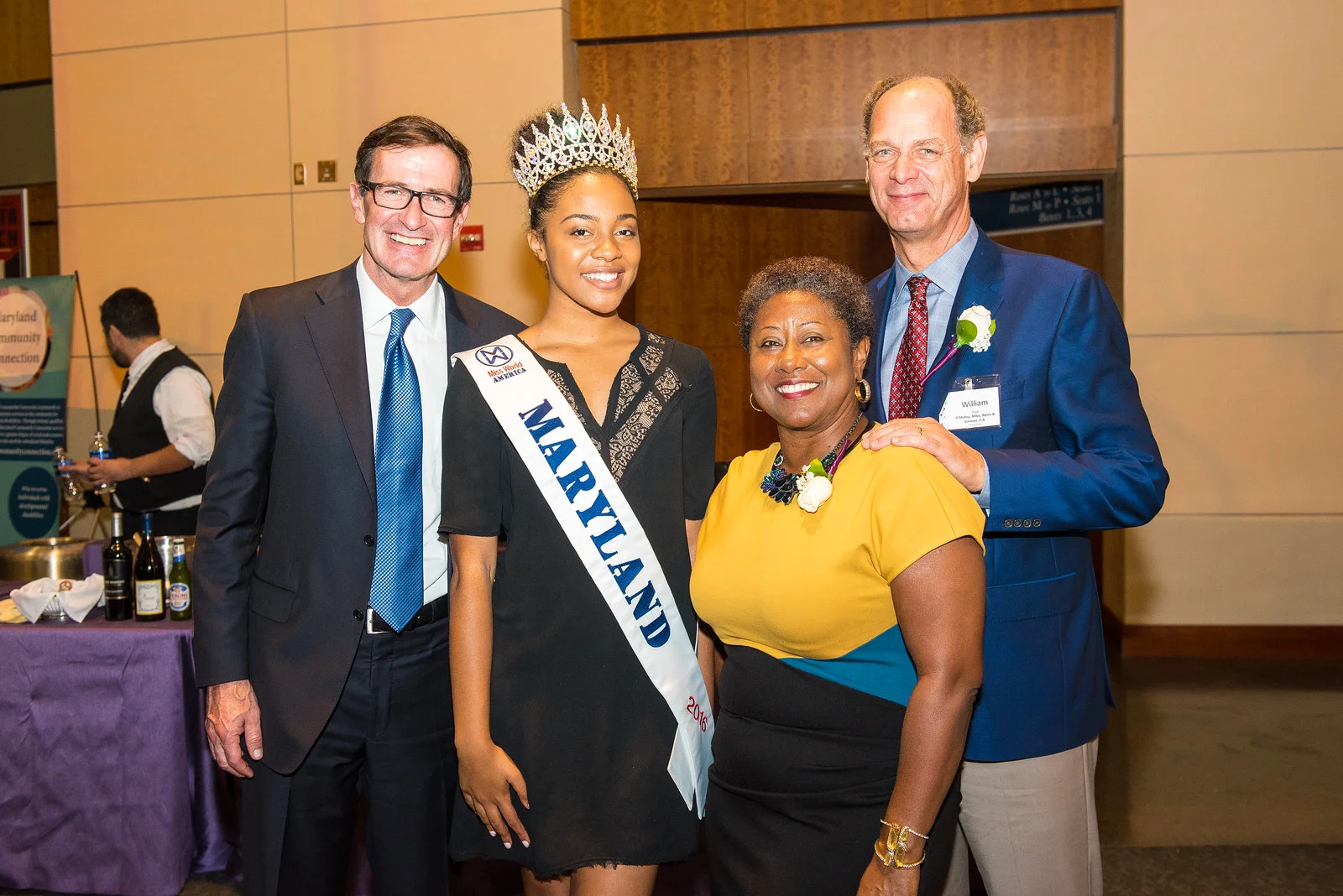 Photo of President and CEO Bruce McNamer, guest Terese Taylor, former Executive Director of The Community Foundation in Prince George's County Desiree Griffin-Moore, and Chair of The Community Foundation's Prince George’s Advisory Board, Bill Shipp, at the Civic Leadership Awards in Prince George's County.