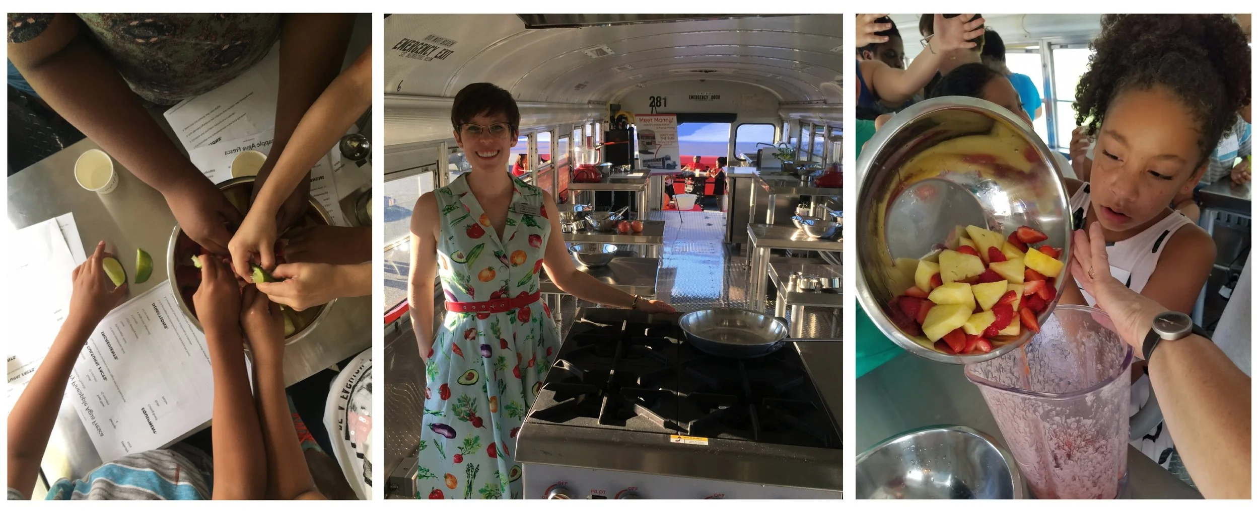 Photos of programs, staff and volunteers inside Manna Food Center’s bus that serves as a kitchen-classroom and mobile food pantry on wheels. Photos courtesy of Manna Food Center.