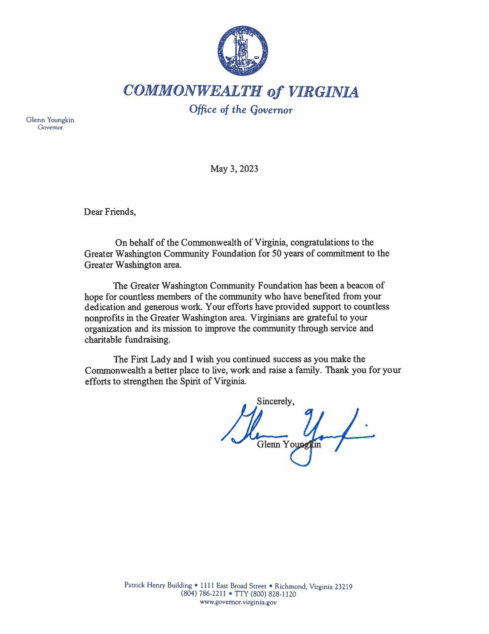  Governor Glen Youngkin (R-VA) commends The Community Foundation for being a beacon of hope for countless members of the community. 