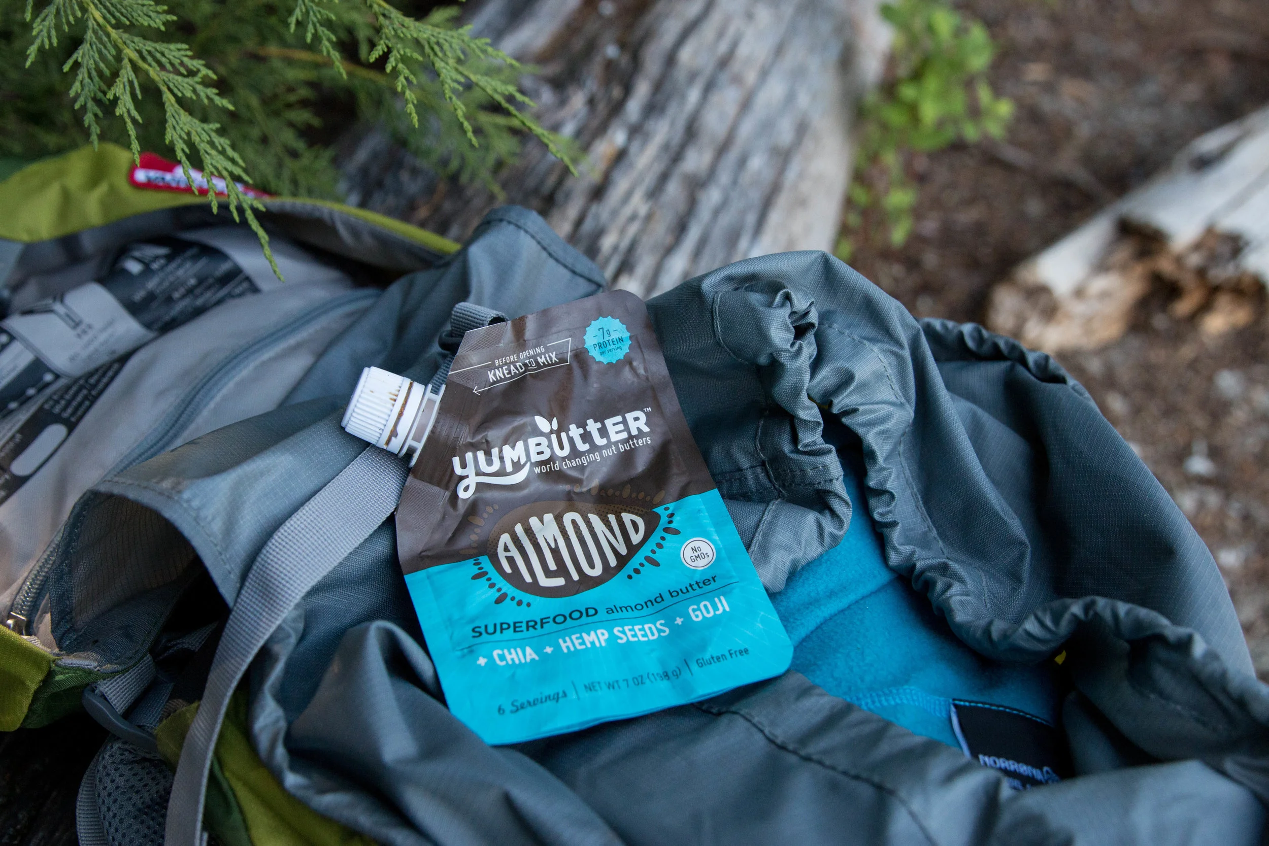 Yum Butter Superfood almond butter comes in a squeezable pouch and includes chia, hemp seeds and goji berries.
