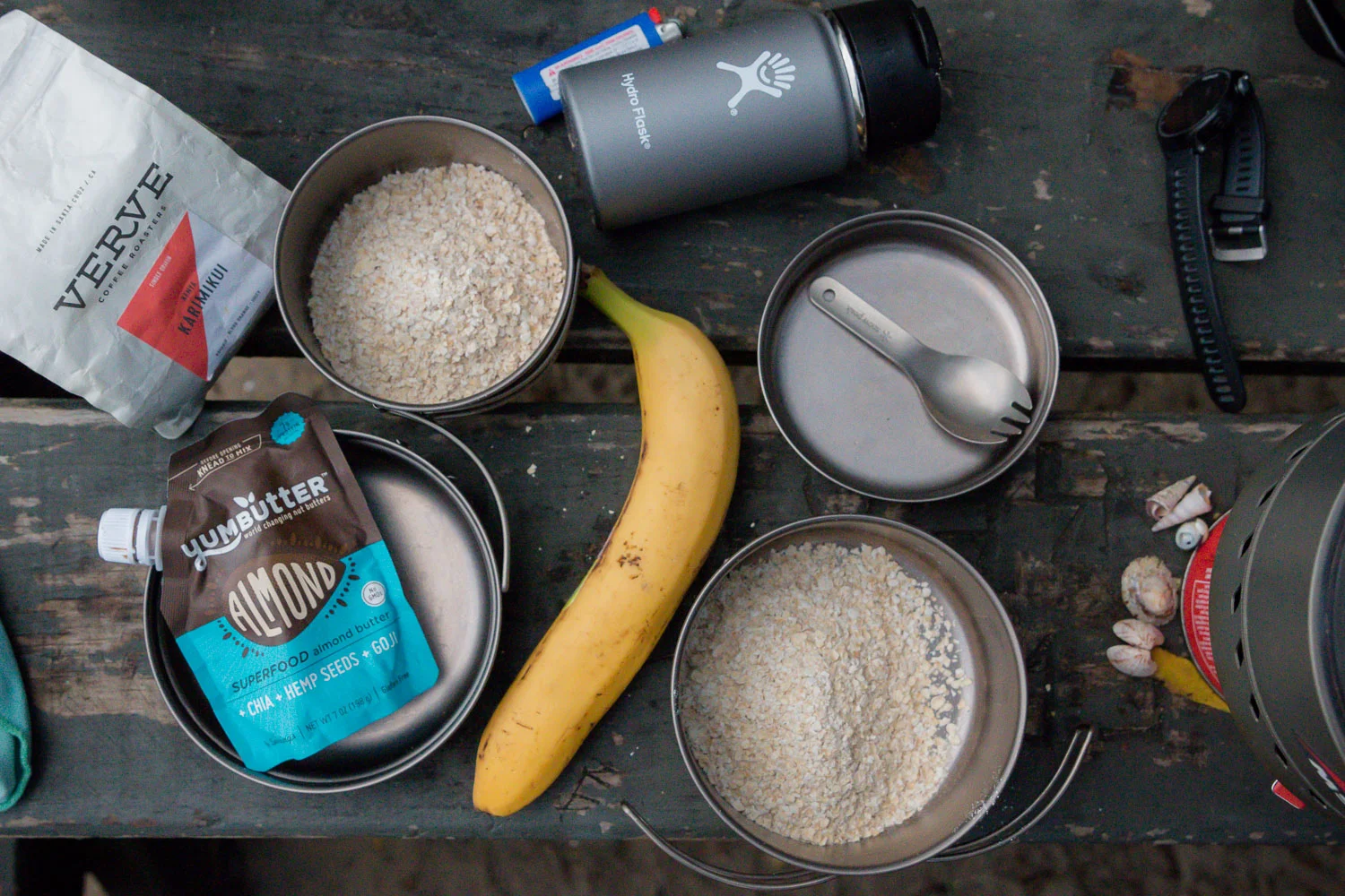 typical breakfast scene // Multi Compact Titanium Cook-set from Snow Peak + Hydro Flask Coffee Mug 