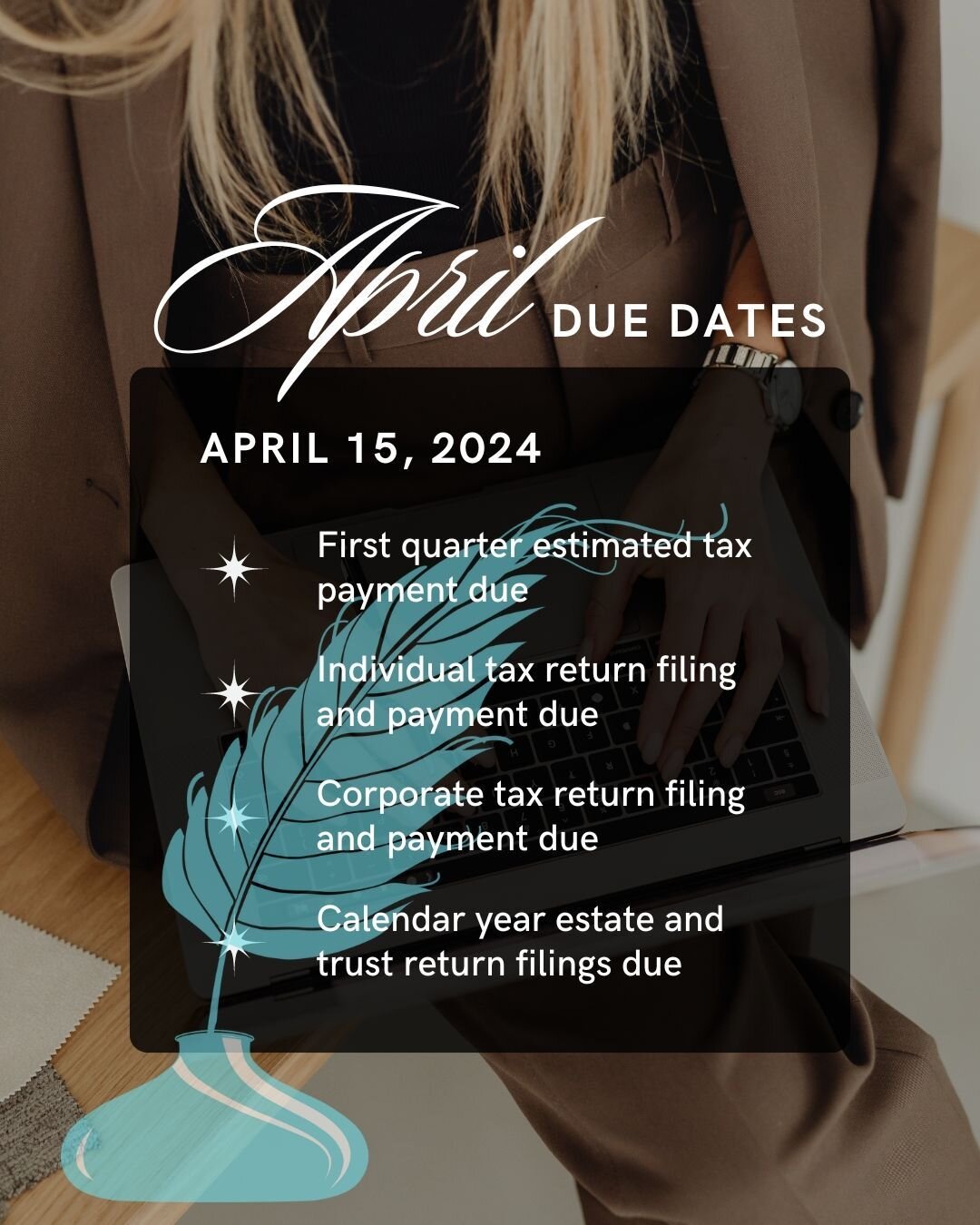 📌 Save this post OR set a calendar reminder for April 15th to:

💸 File your individual tax return (or extend it) and pay any taxes owed 

💸 Pay your first quarter estimated taxes for 2024

💸 File your corporate tax return (or extend it) and pay a