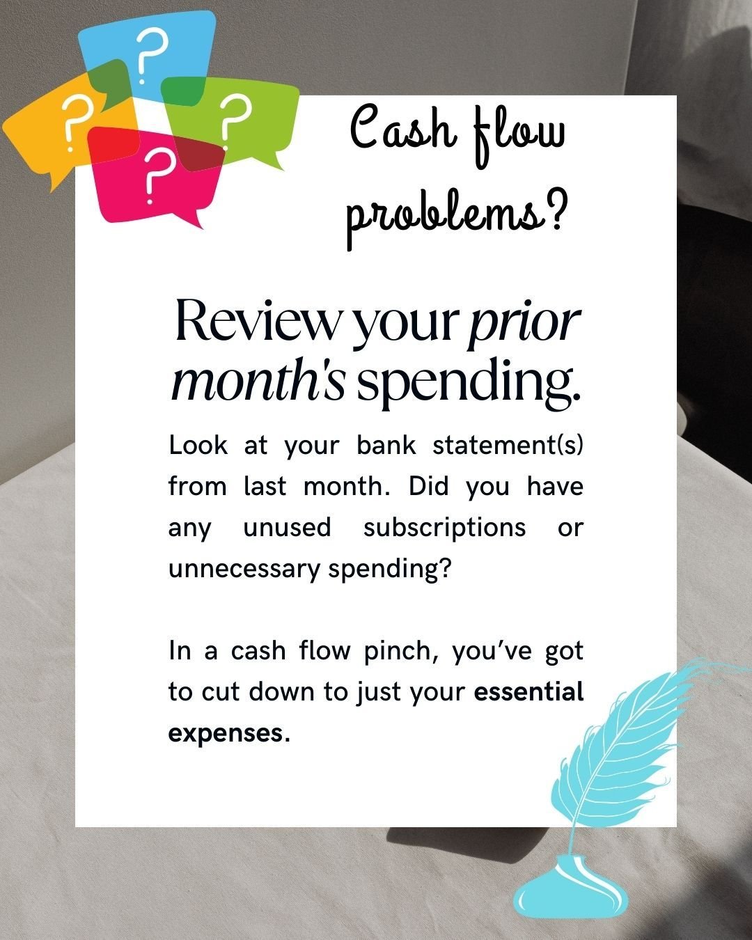 Feeling the pressure of a Cash Flow Crunch? 😣

Review your prior month's spending: 
Review your bank statements from last month.  Did you have any unused subscriptions or unnecessary spending? 

💰In a cash flow pinch, you've got to cut down to  jus