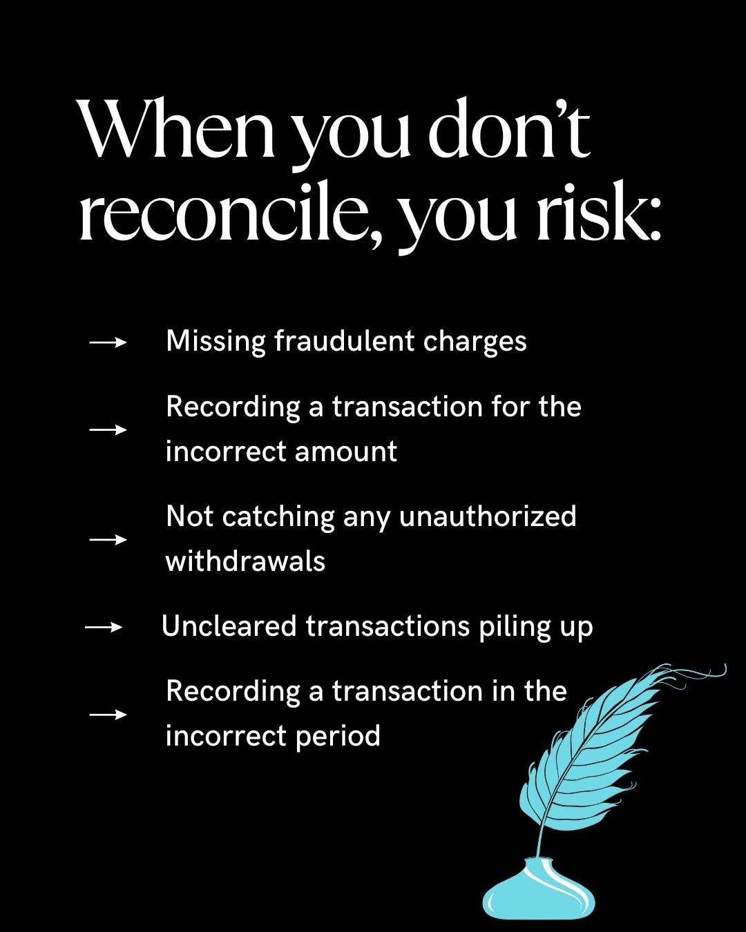 Is it the END of the world if you miss reconciling your accounts for a month?

NOPE! 🚫

I'll let you in on a little secret - I've gotten more than a month behind on my own bookkeeping before.

BUT, I always make sure to get caught up as quickly as I