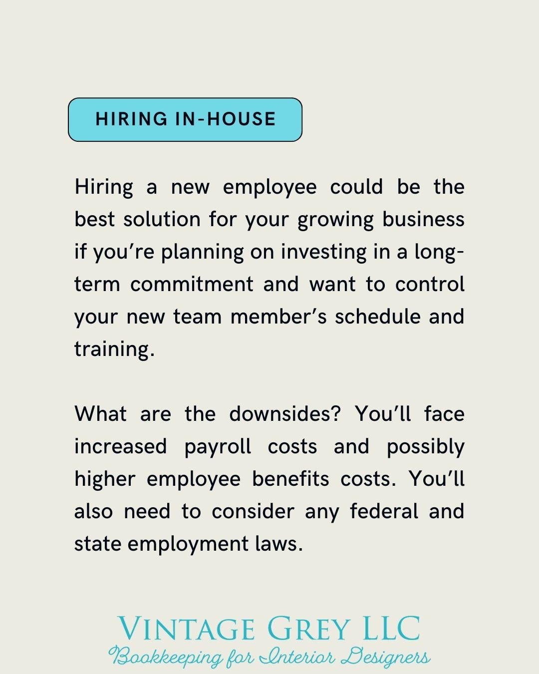 Growing interior design businesses will ALWAYS run into this question: 

Do I hire a contractor or an employee?

Let's run through some of the pros &amp; cons of each option!

Hiring In-House:

✅ Long-term commitment
✅ Control your employee's schedul