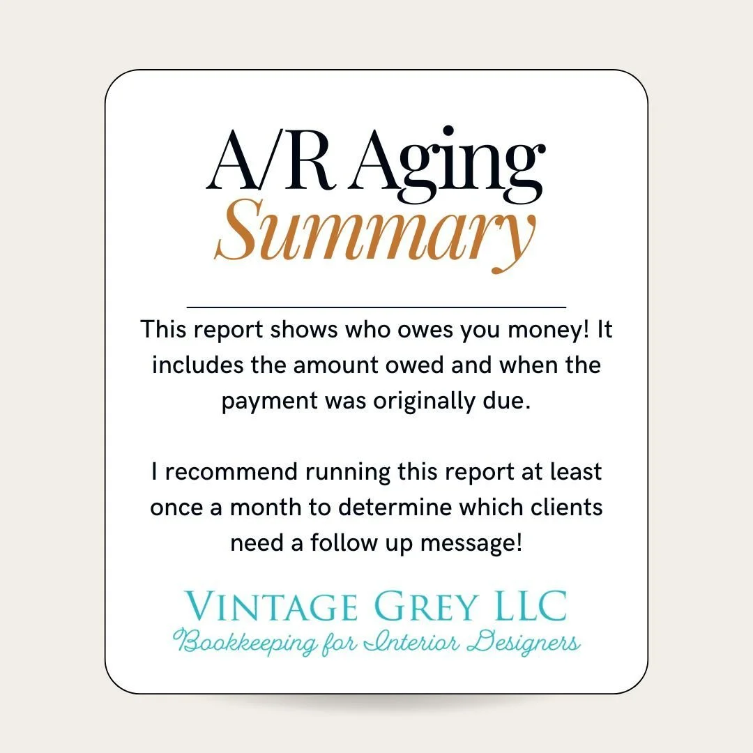 Meet one of the MVPs of financial reporting that are *NOT* your usual financial statements! 🏆

👉 The A/R Aging Summary report should be referenced on a regular basis to make your life as an interior designer easier.

Want to have your bookkeeping D