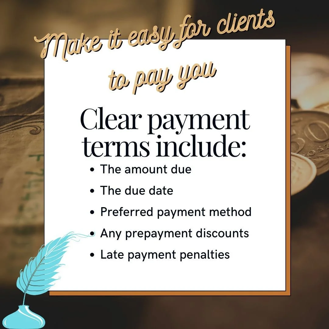 Want to make it as EASY as possible for your clients to pay you? 💸

This starts with outlining clear payment terms on your invoices and client contracts!

Clear payment terms include:

👉 Amount due
👉 Due date
👉 Preferred payment method
👉 Any pre