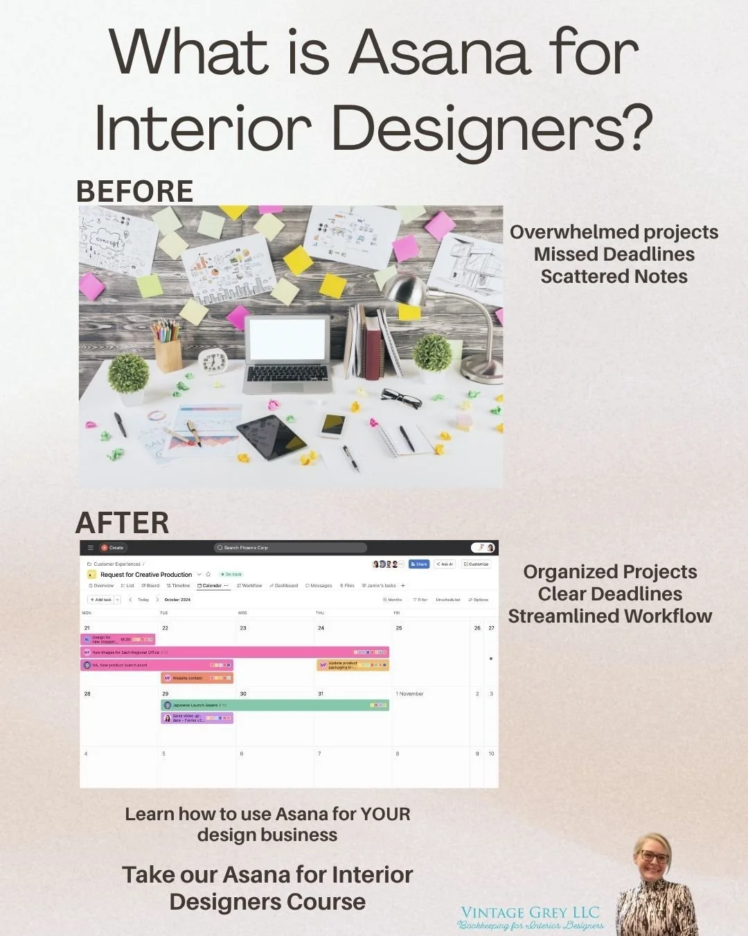 At Vintage Grey LLC, we&rsquo;re more than bookkeepers for interior designers &mdash; we&rsquo;re your partners in building a business that runs smoothly from numbers to projects.

That&rsquo;s why we created something new:
✨ Asana for Interior Desig