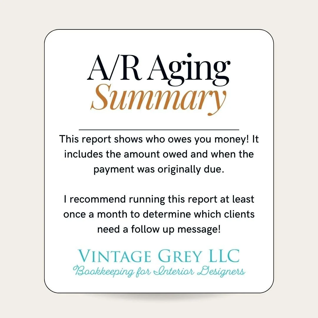 Meet one of the MVPs of financial reporting that are *NOT* your usual financial statements! 🏆

👉 The A/R Aging Summary report should be referenced on a regular basis to make your life as an interior designer easier.

Want to have your bookkeeping D