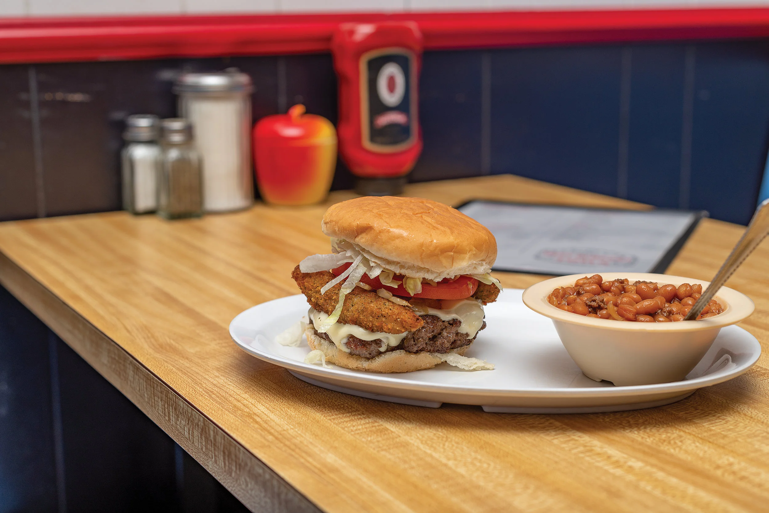 Fried Pickle cheeseburger with baked beans