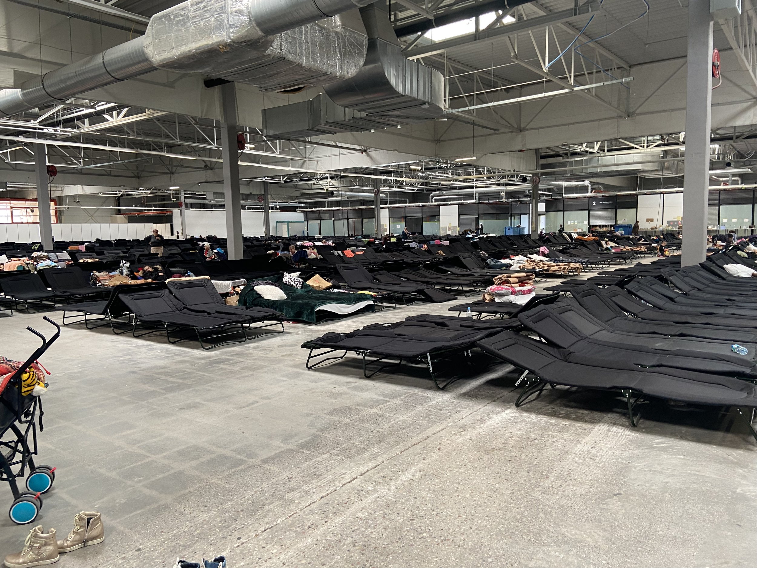 A sea of cots at the refugee center