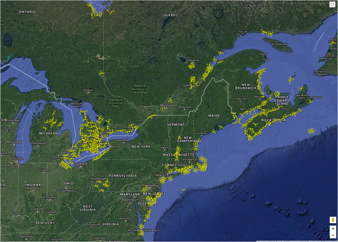 Shown in yellow are Motus receiver stations in the Northestern United States and Canada prior to 2017. Notice the coastal nature of the array.