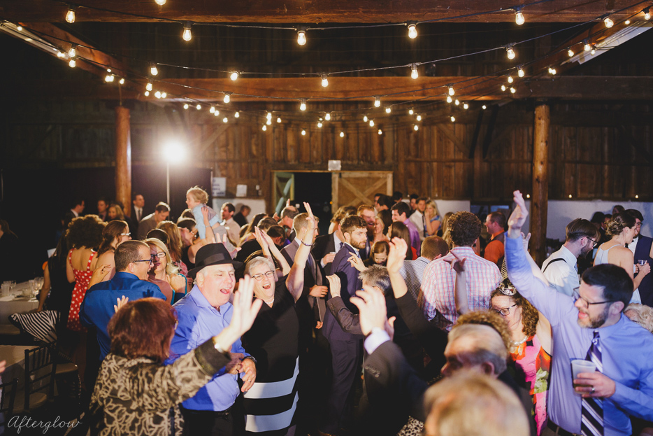 Wedding guests dancing at Ball's Falls Barn