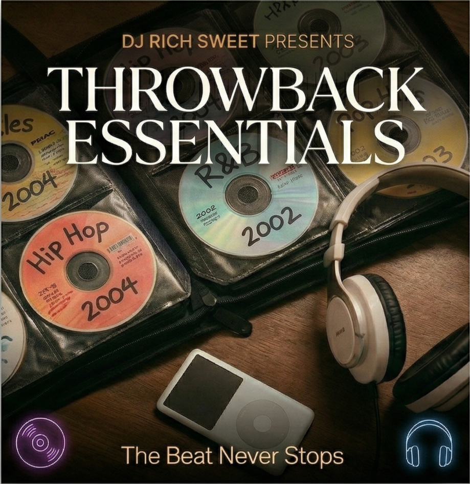 Collection of CDs labeled with music genres and years, an iPod, and a pair of headphones on a wooden surface.