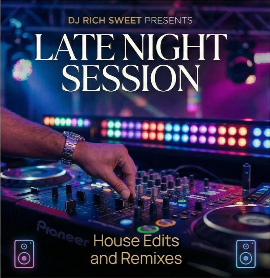 A DJ adjusts controls on a Pioneer DJ mixer at a nightclub with colorful LED lights, promoting a late night session featuring house music edits and remixes.