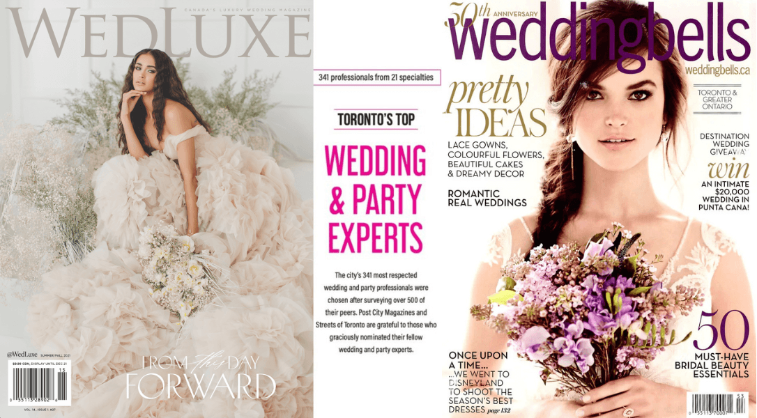 Two magazine covers focused on wedding and wedding party planning. The left cover shows a woman in an elaborate white wedding dress sitting outdoors with natural scenery. The right cover features a woman with dark hair holding a bouquet of pink and purple flowers, wearing a lace wedding dress.